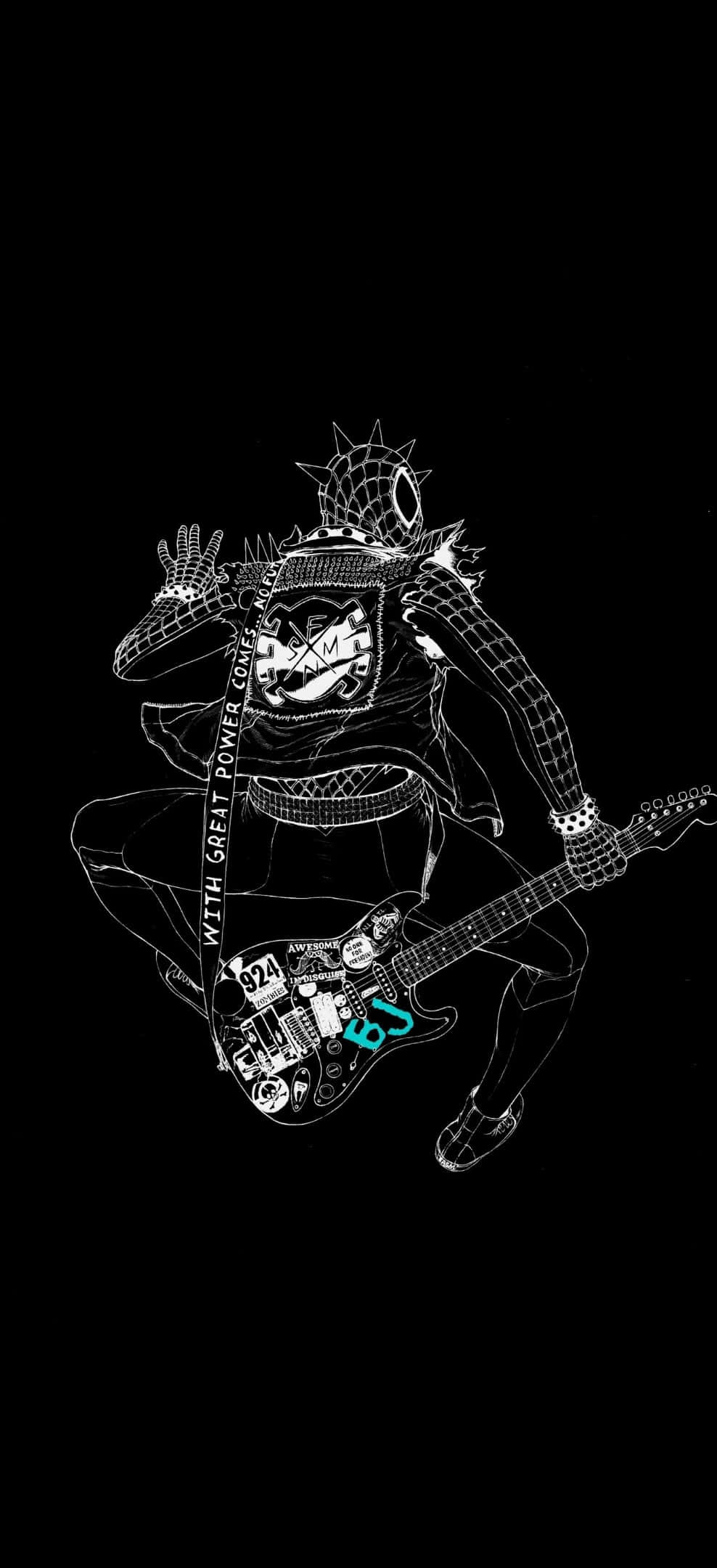 Spider Punk, white line art, guitar, Full HD Phone Wallpaper
