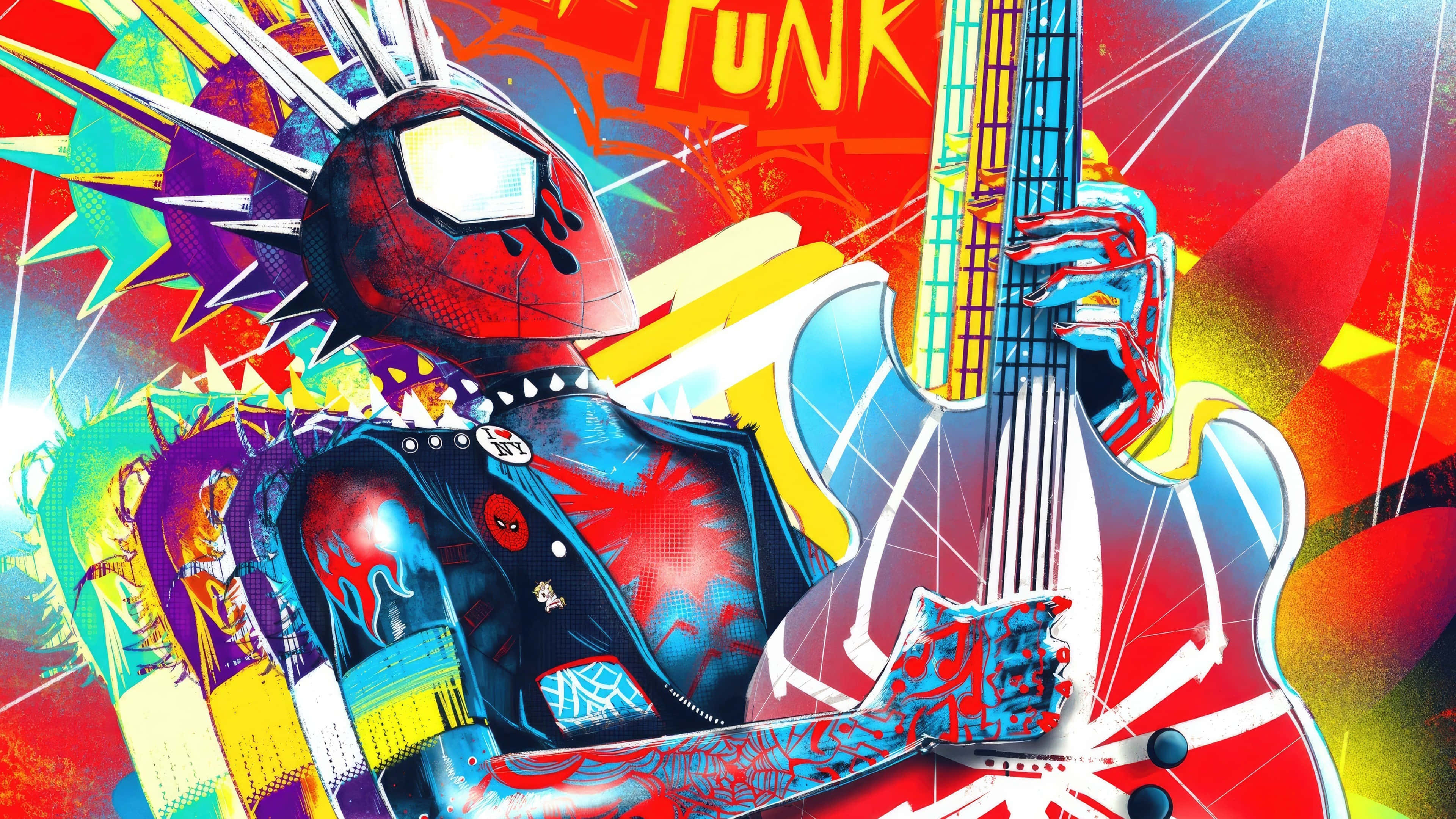 Spider Punk, bass guitar, graffiti-style background, 4K Desktop Wallpaper