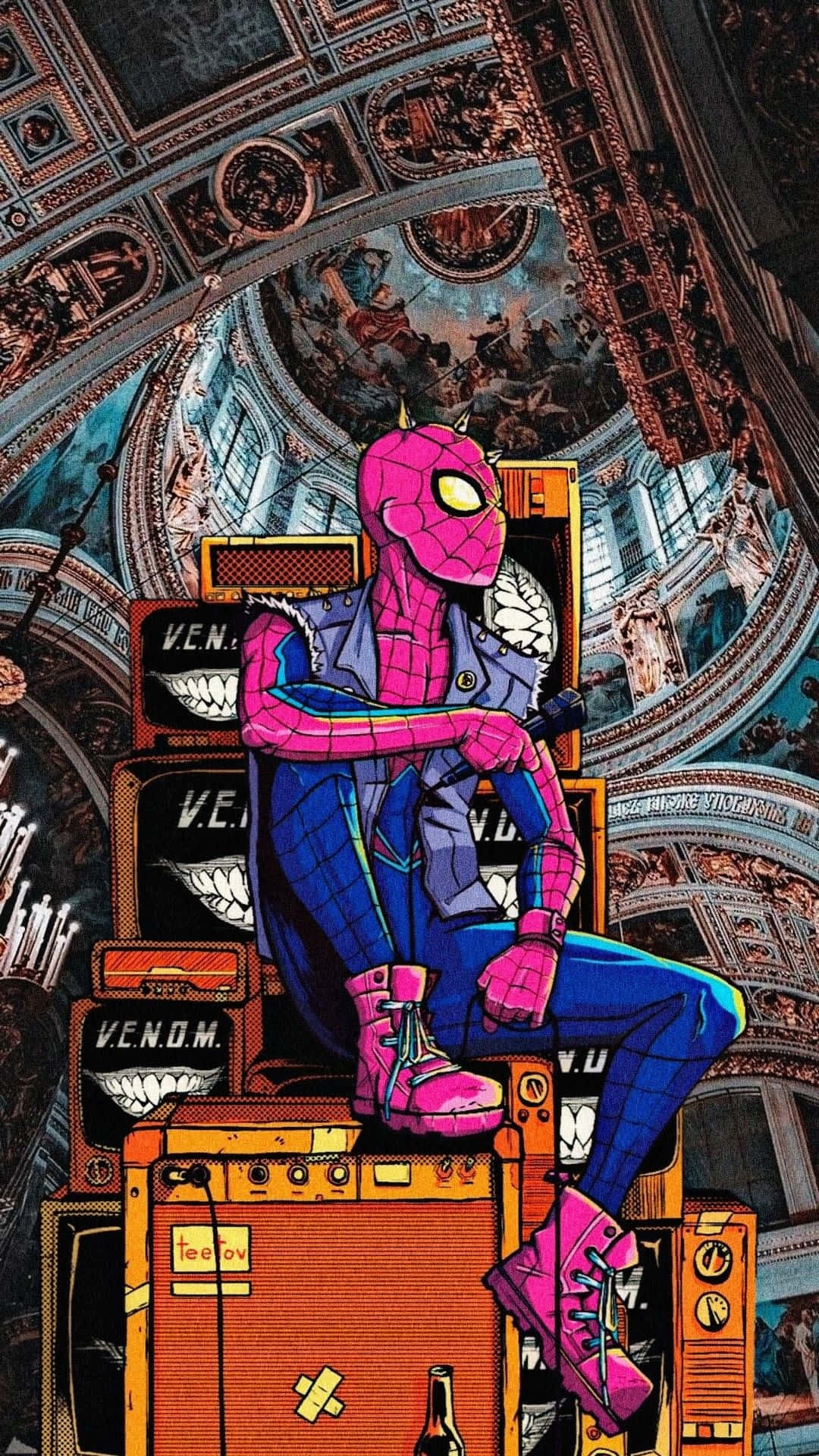 Spider Punk, pink and blue suit, stacked orange amplifiers, Full HD Phone Wallpaper