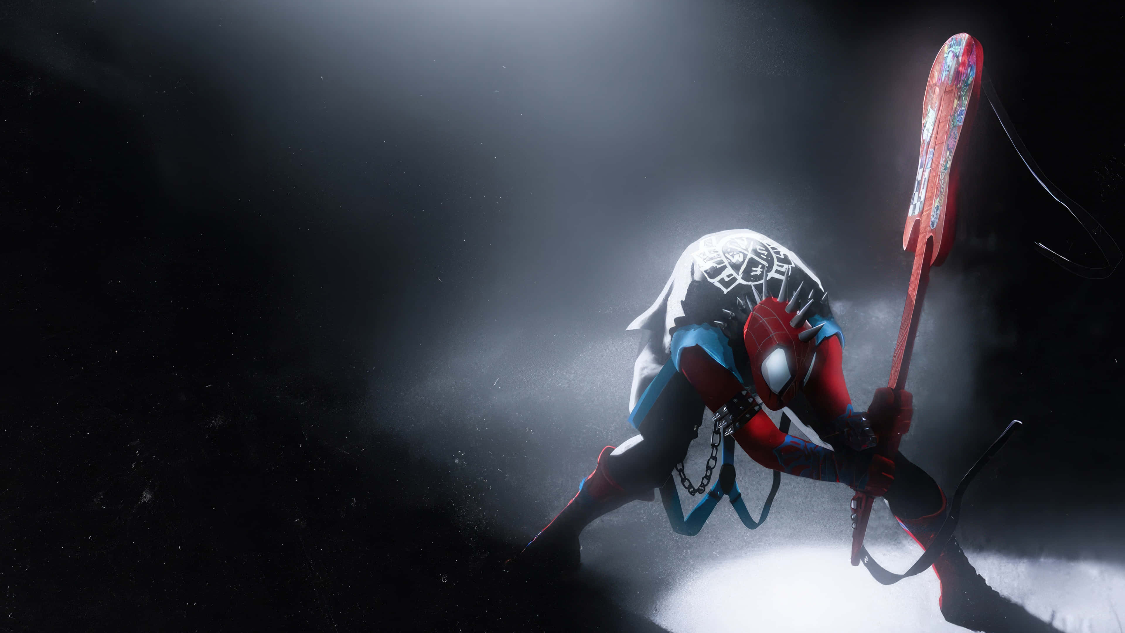 Spider Punk, red hockey stick, dramatic spotlight, 4K Desktop Wallpaper