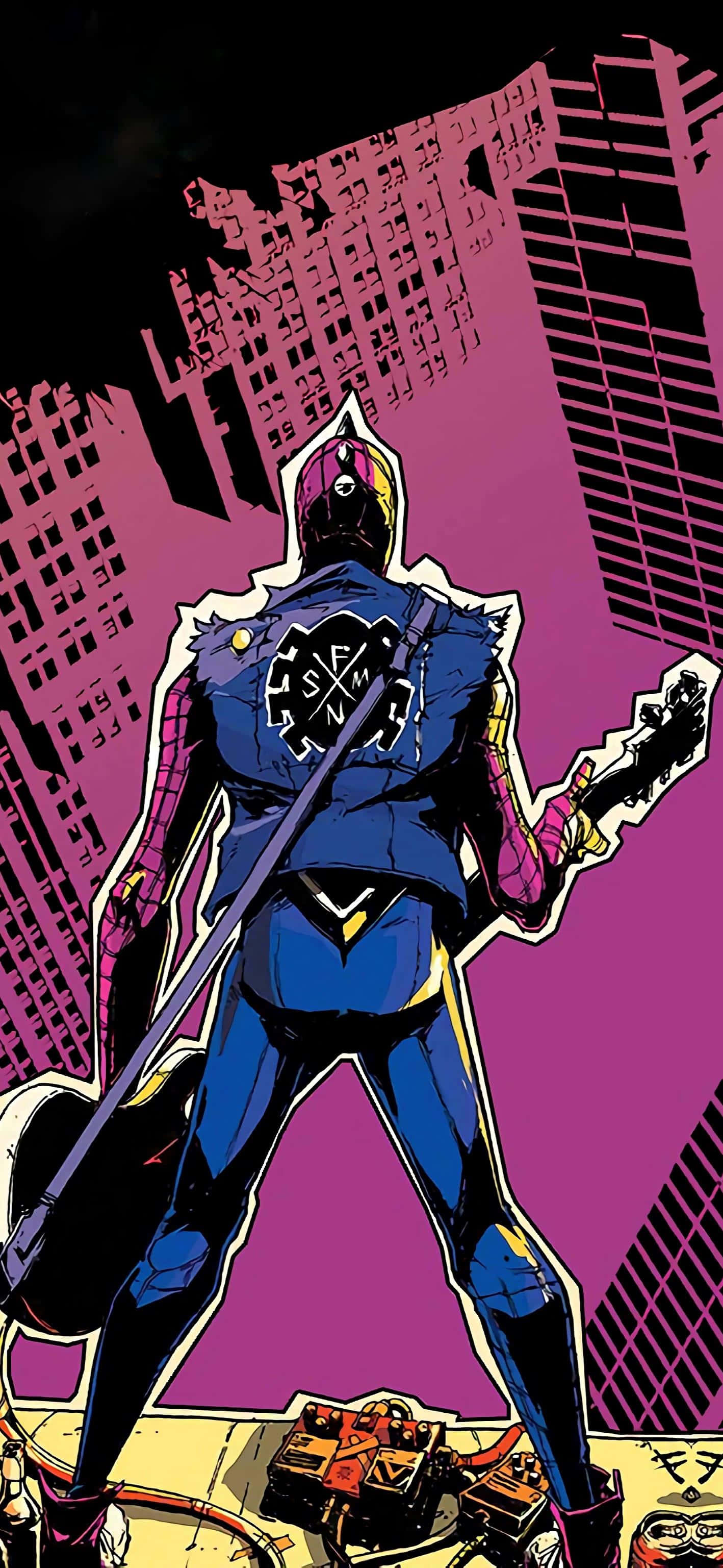 Spider Punk, blue and purple armor, vibrant magenta cityscape, 2K Phone Wallpaper