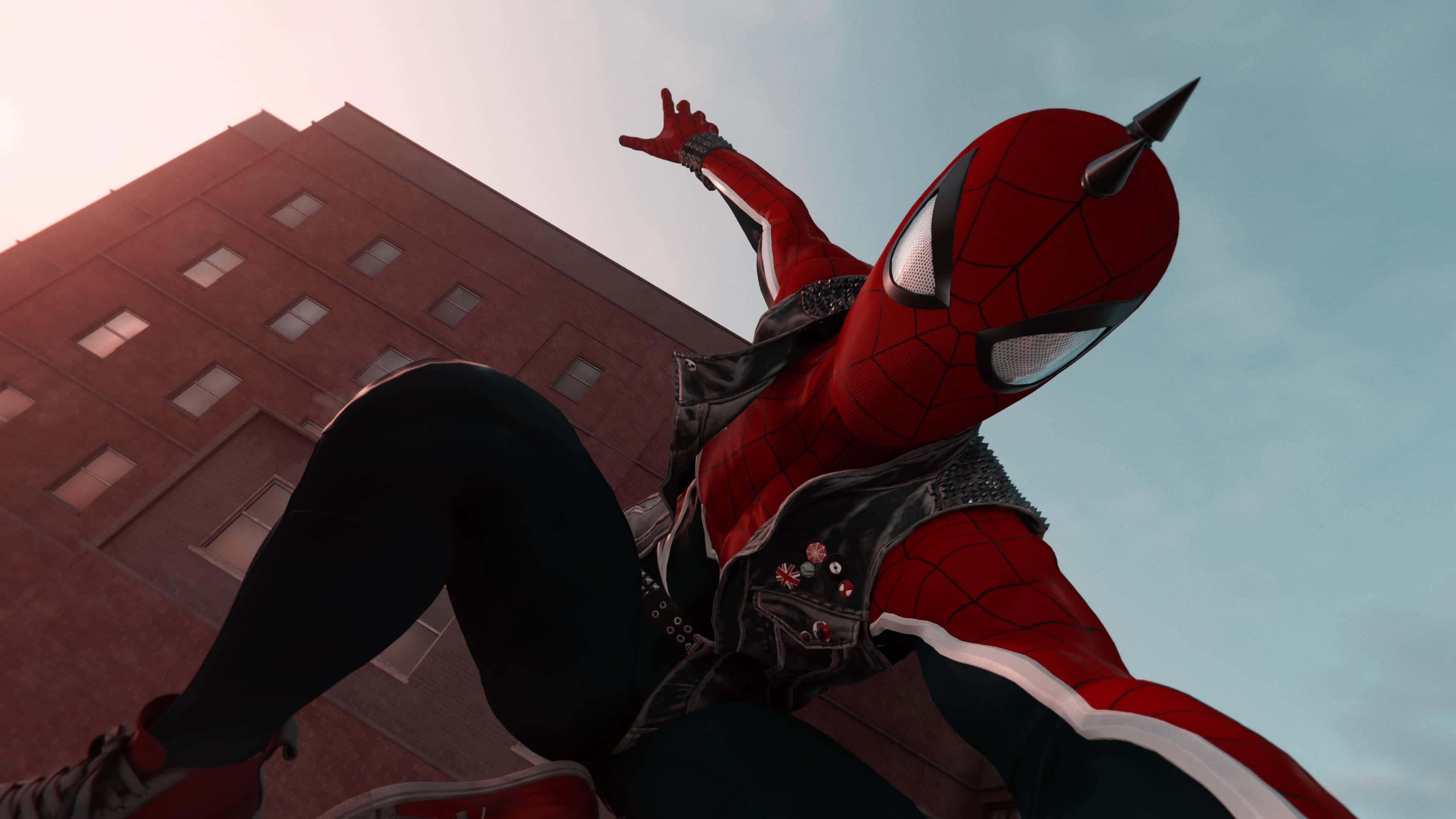 Spider Punk, red and black suit, brick building, 4K Desktop Wallpaper