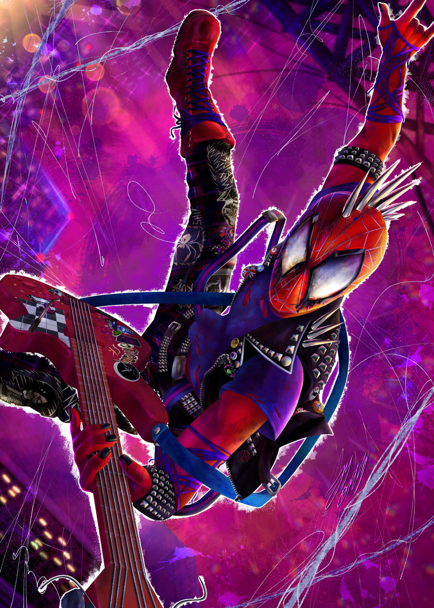 Spider Punk, bass guitar, vibrant purple neon cityscape, Full HD Phone Wallpaper