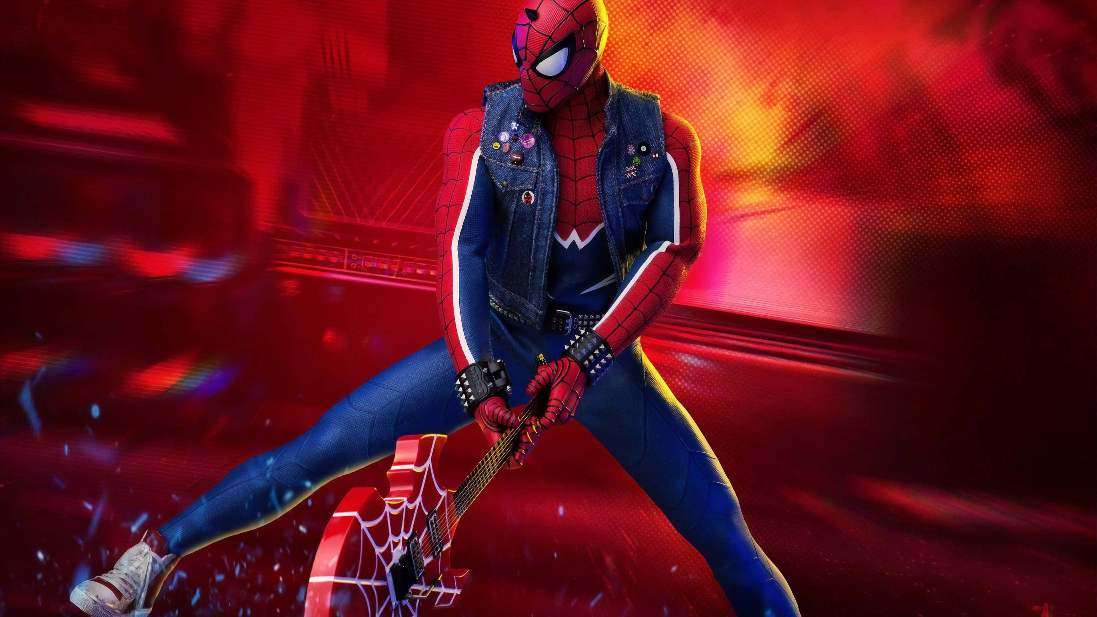 Spider Punk, denim vest, red guitar, 4K Desktop Wallpaper