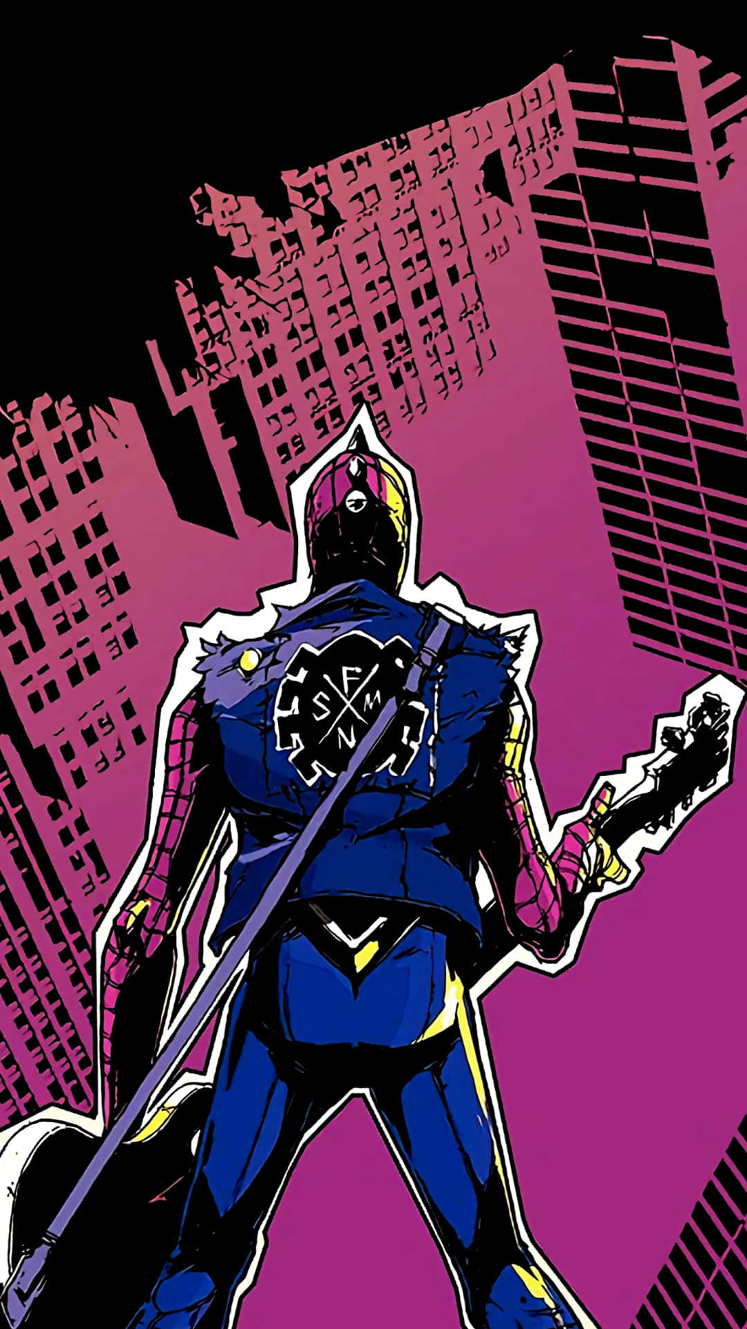Spider Punk, blue and purple armor, stylized pink cityscape, Full HD Phone Wallpaper