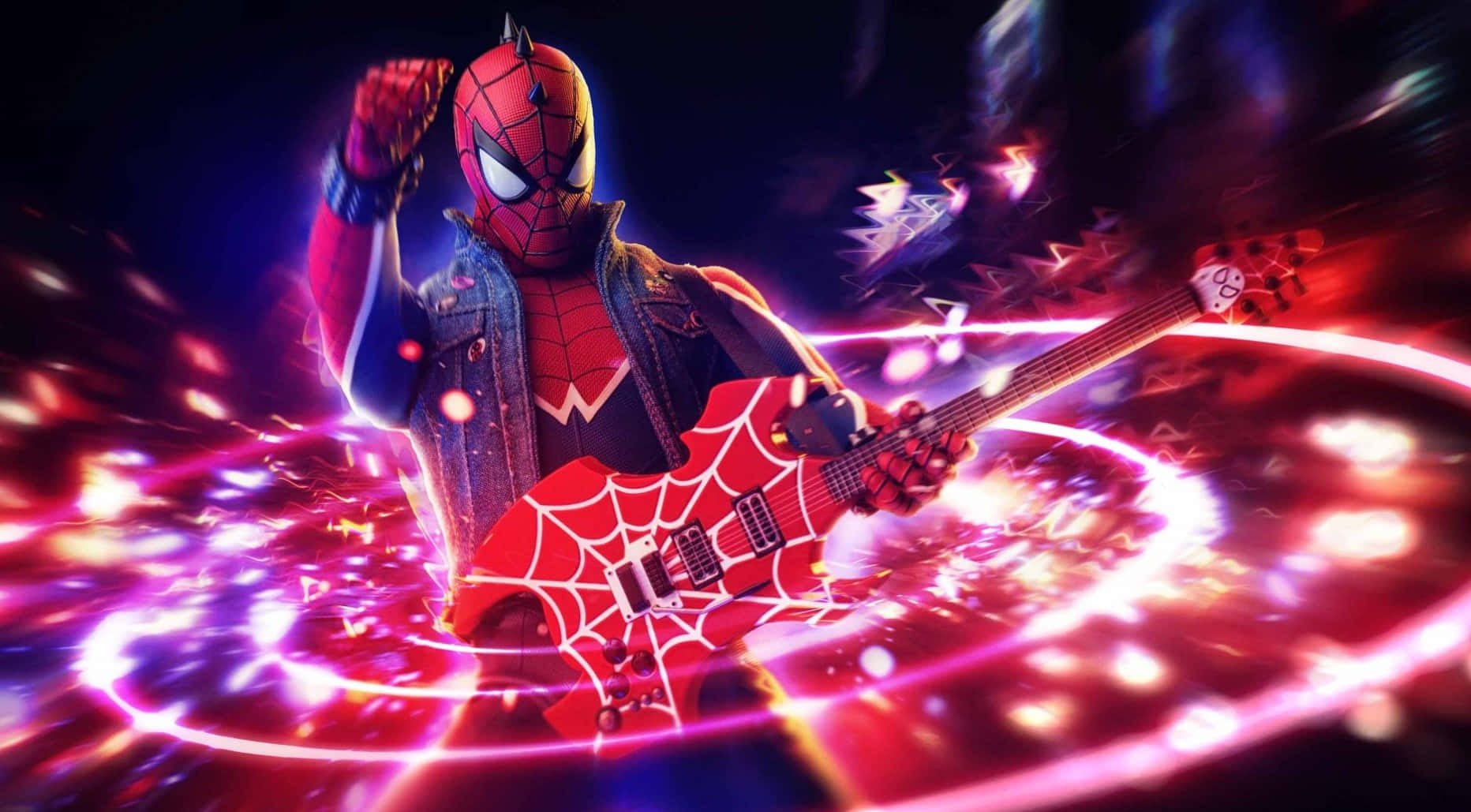 Spider Punk, denim jacket, red spiderweb guitar, HD Desktop Wallpaper