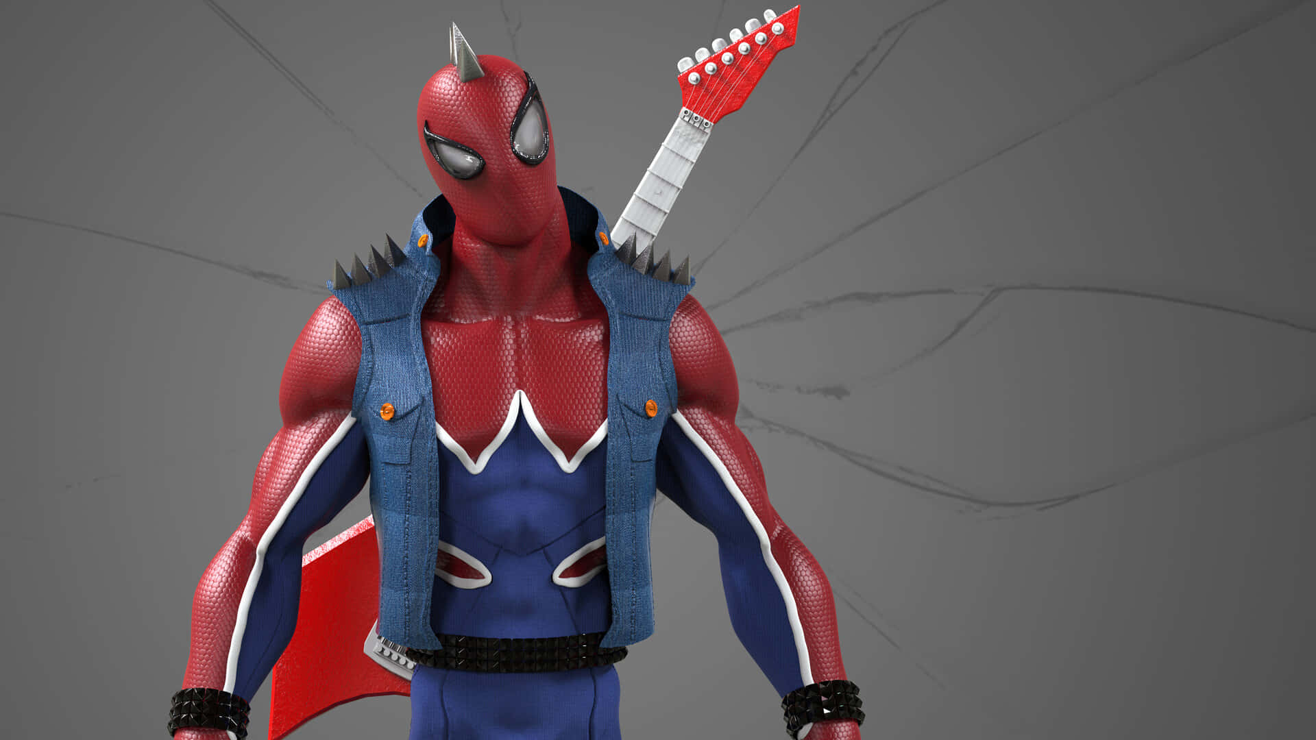 Spider Punk, red blue suit, denim vest, Full HD Desktop Wallpaper