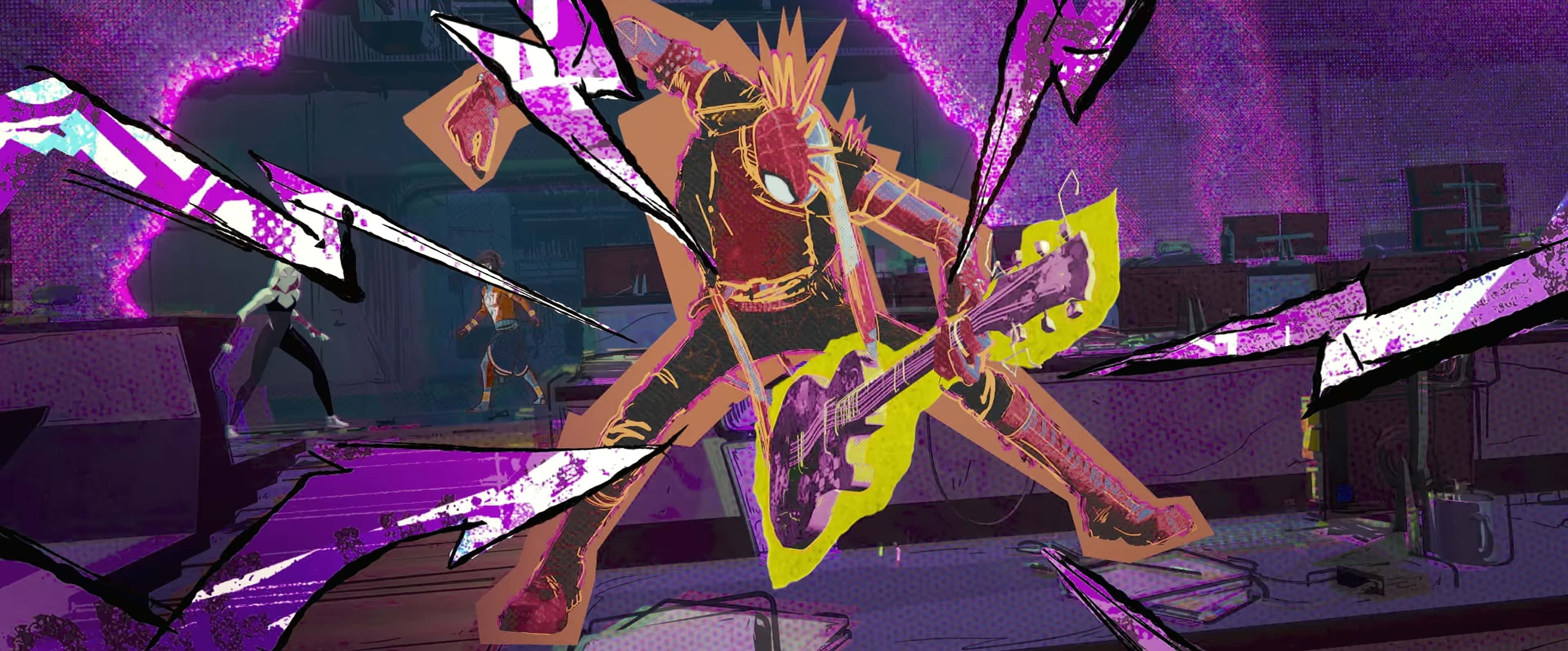 Spider Punk, red and yellow, purple-lit stage, 4K Desktop Wallpaper