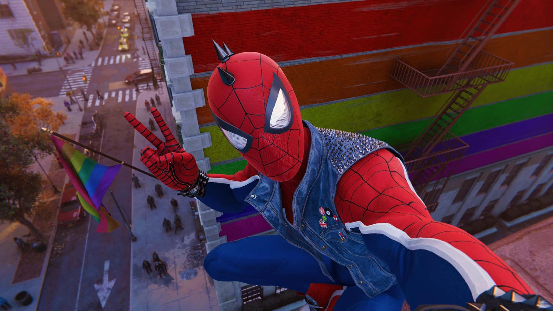 Spider Punk, denim jacket, rainbow flag pole, Full HD Desktop Wallpaper