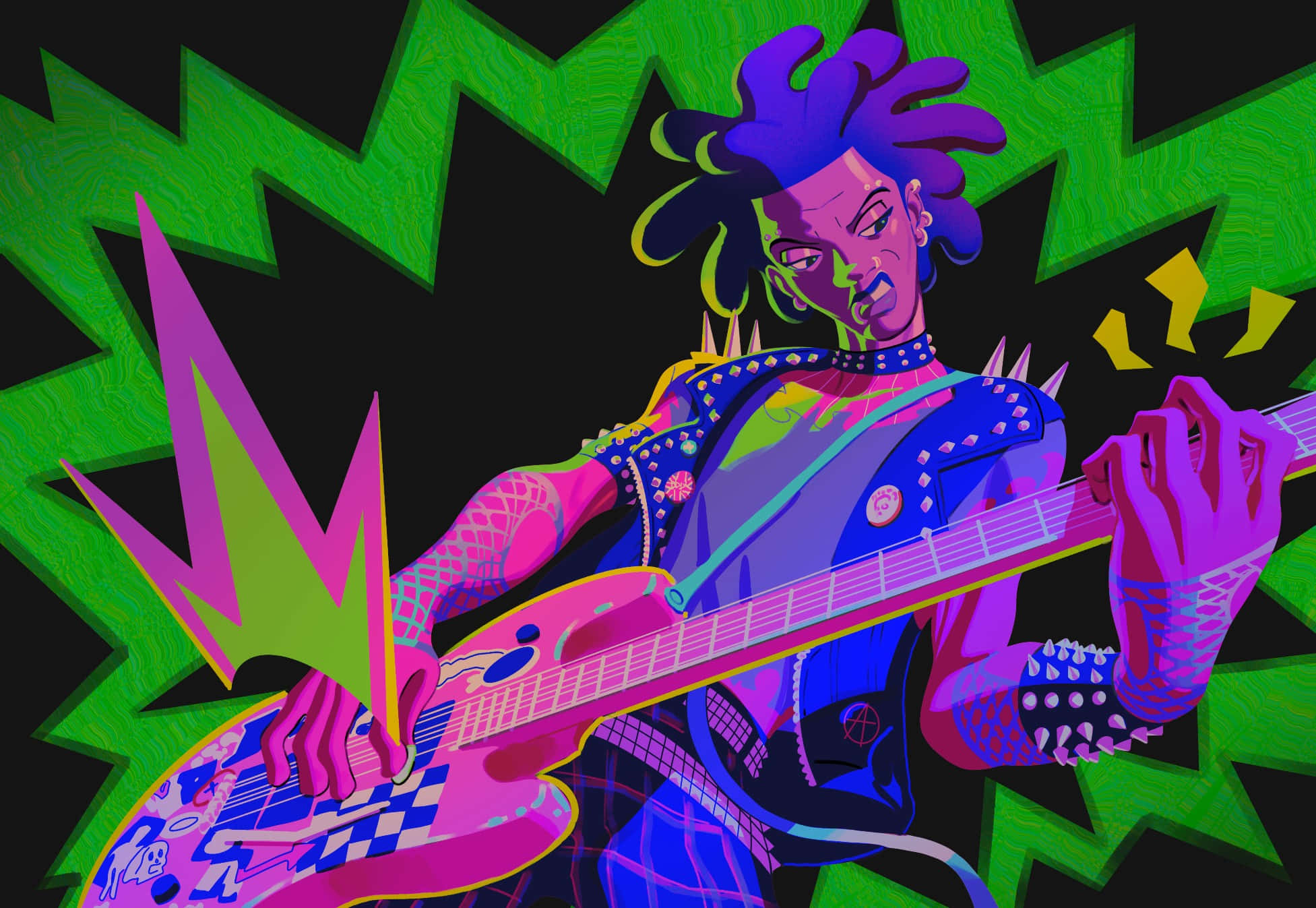 Spider Punk, purple hair, pink electric guitar, Full HD Desktop Wallpaper