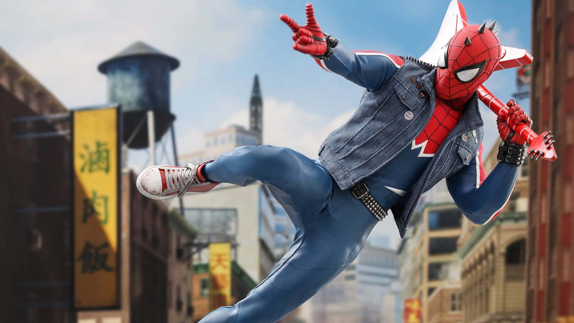 Spider Punk, denim jacket, red boots, Full HD Desktop Wallpaper