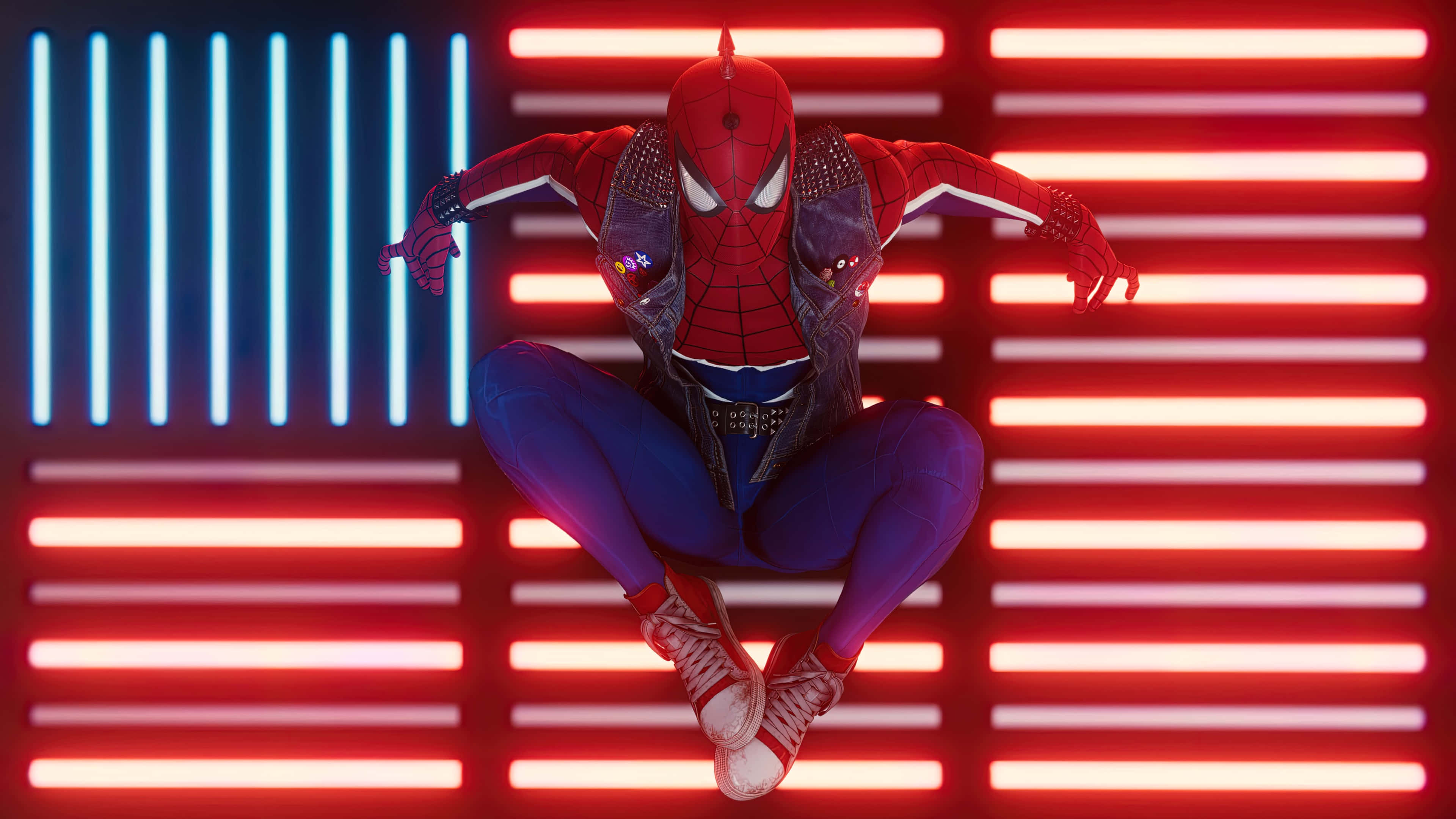 Spider Punk, red and blue suit, neon grid background, 4K Desktop Wallpaper