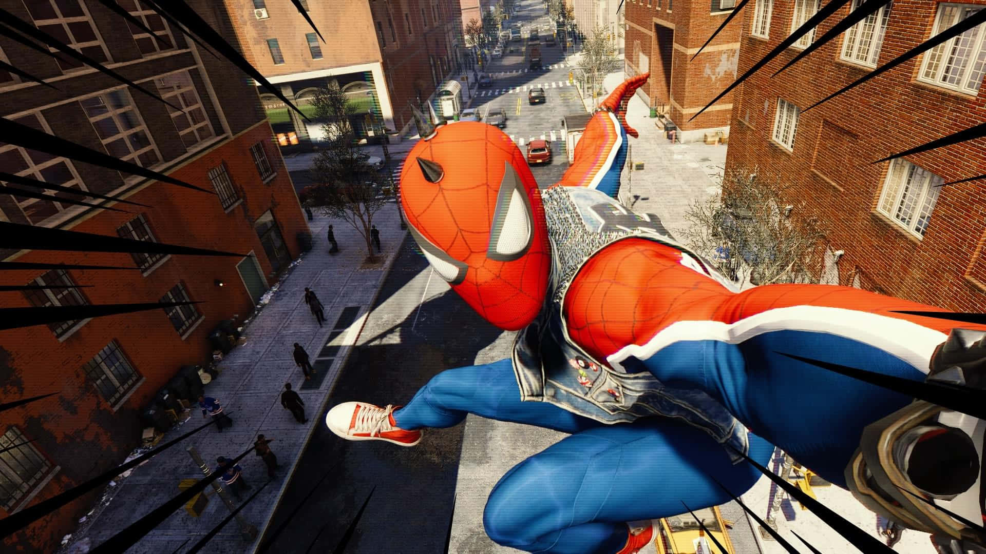 Spider Punk, sunlit urban canyon, brick buildings, Full HD Desktop Wallpaper