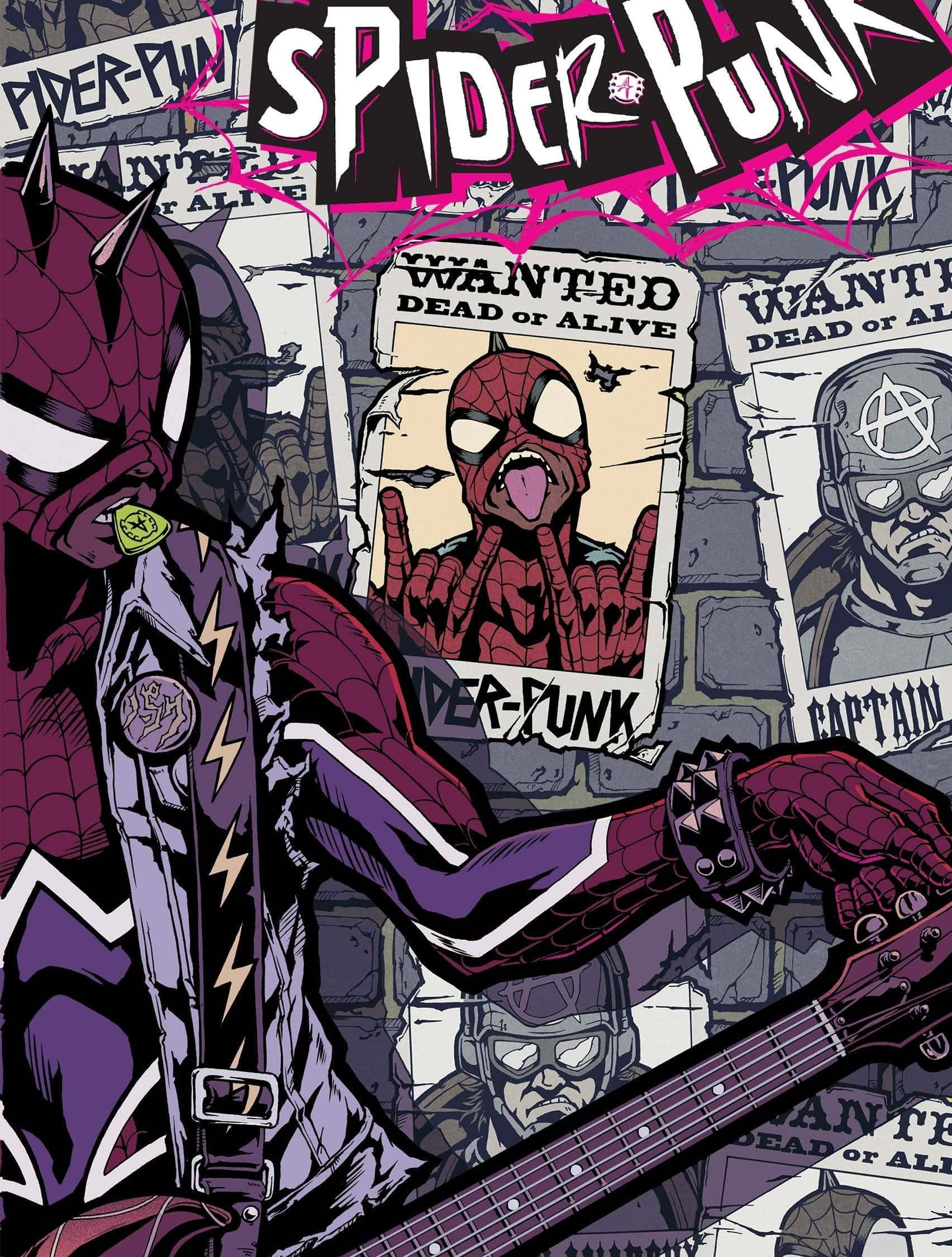Spider-Punk, guitar, wanted posters, Full HD Phone Wallpaper