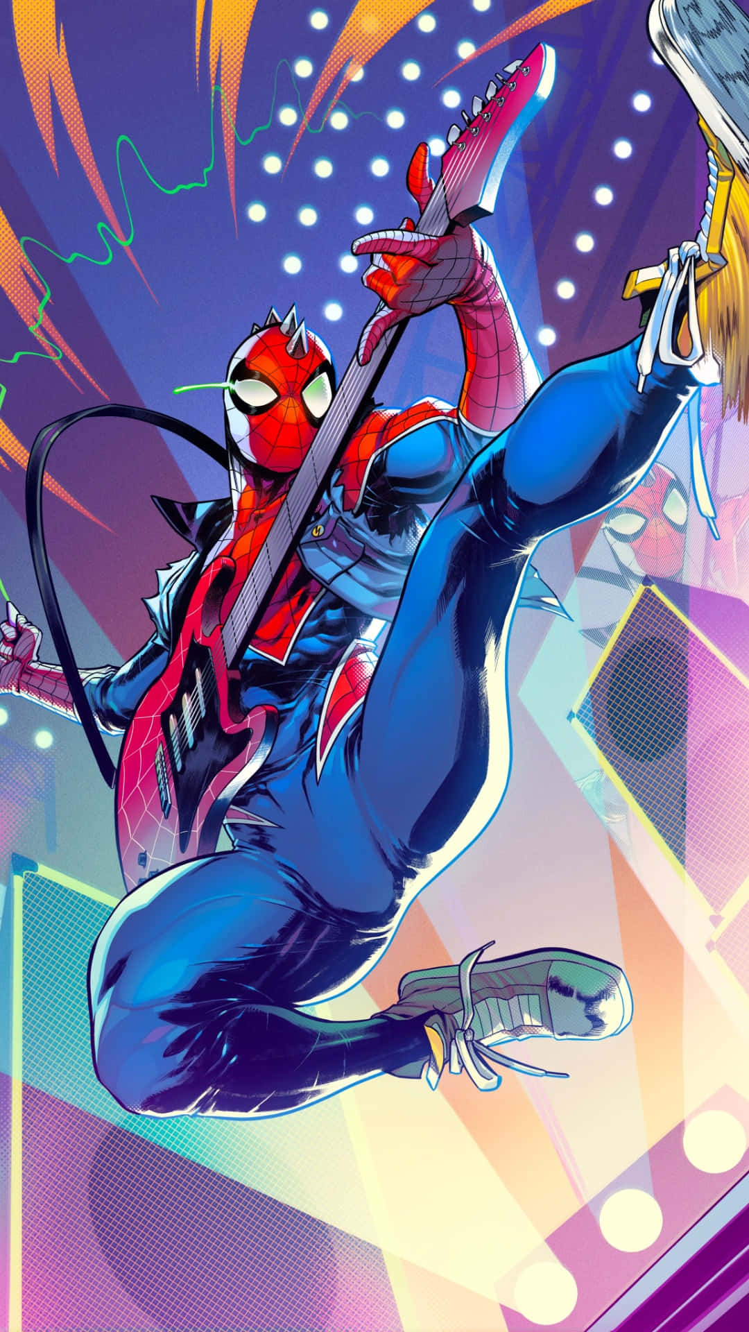 Spider Punk, blue and red suit, pink electric guitar, Full HD Phone Wallpaper