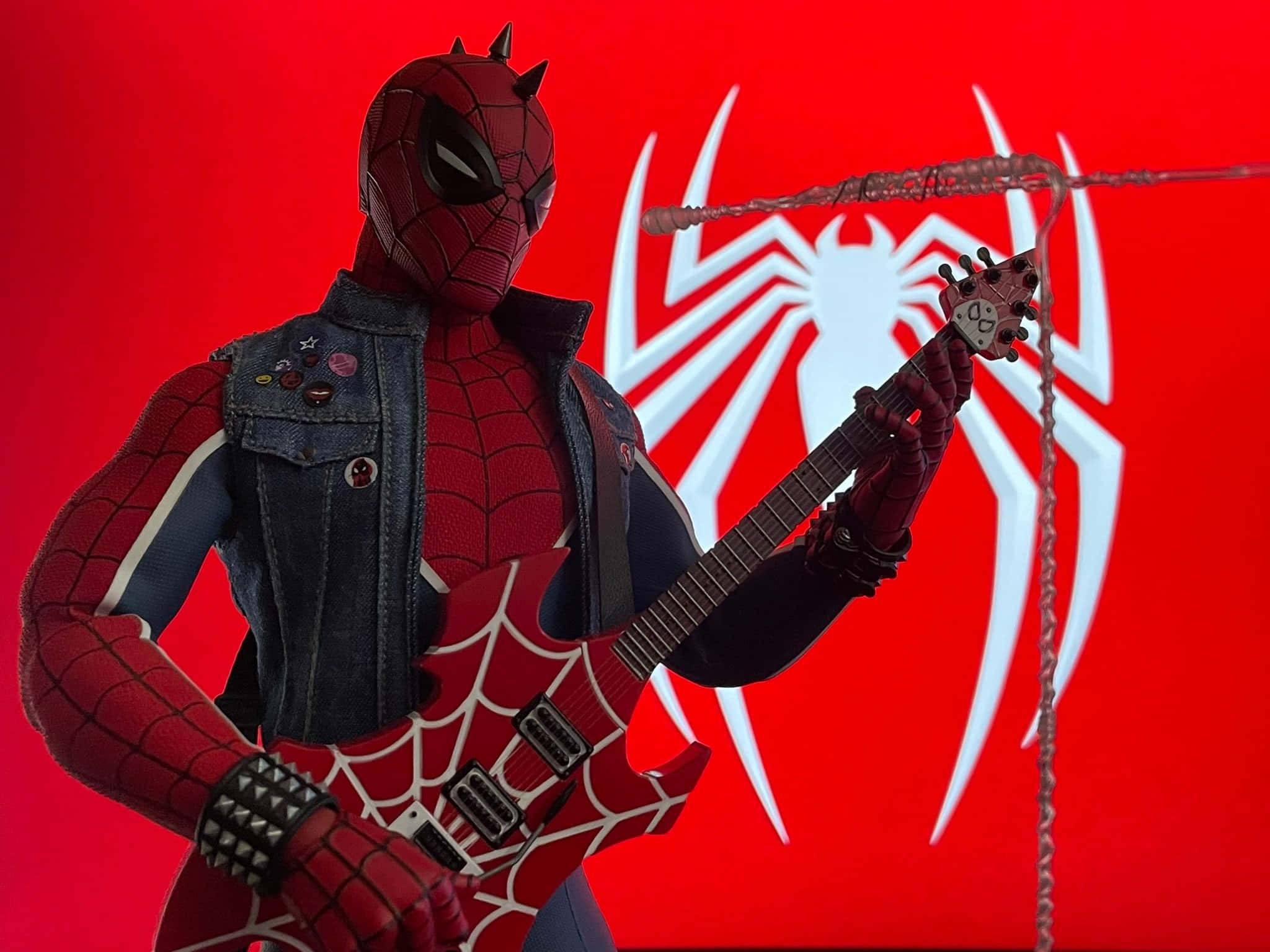 Spider Punk, red and blue suit, denim vest, Full HD Desktop Wallpaper