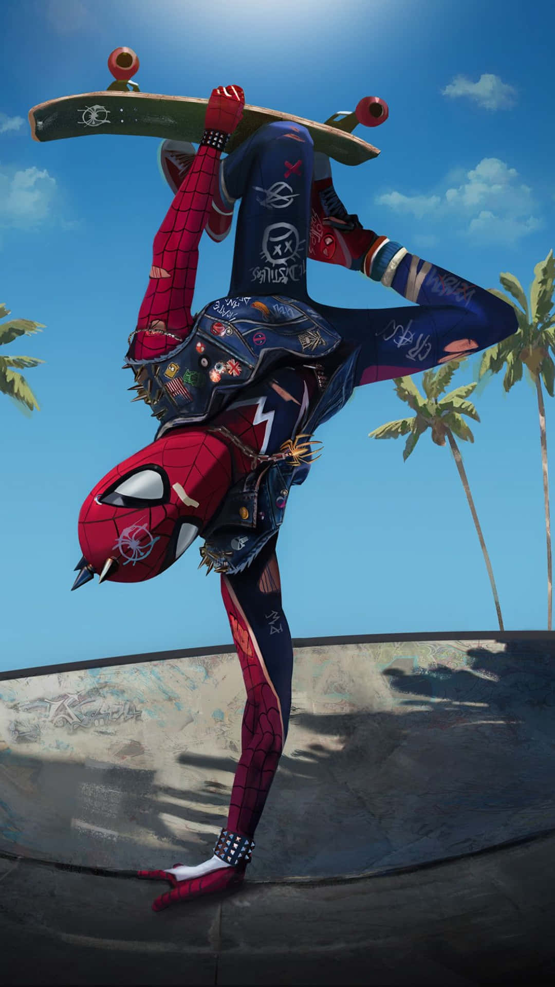 Spider Punk, graffiti covered denim jacket, skateboard, Full HD Phone Wallpaper
