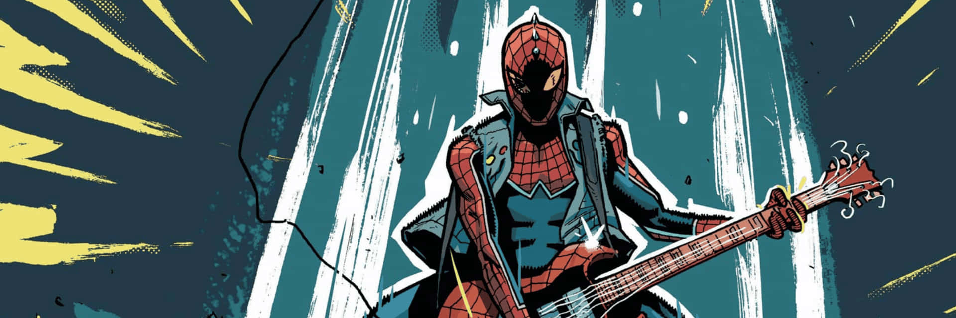 Spider Punk, red and blue suit, electric guitar, Full HD Desktop Wallpaper