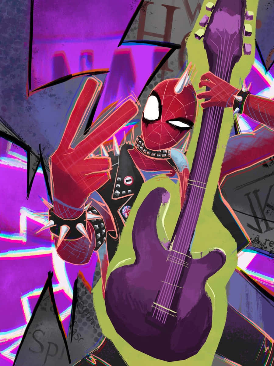 Spider Punk, purple electric guitar, glitchy graffiti backdrop, SD Phone Wallpaper