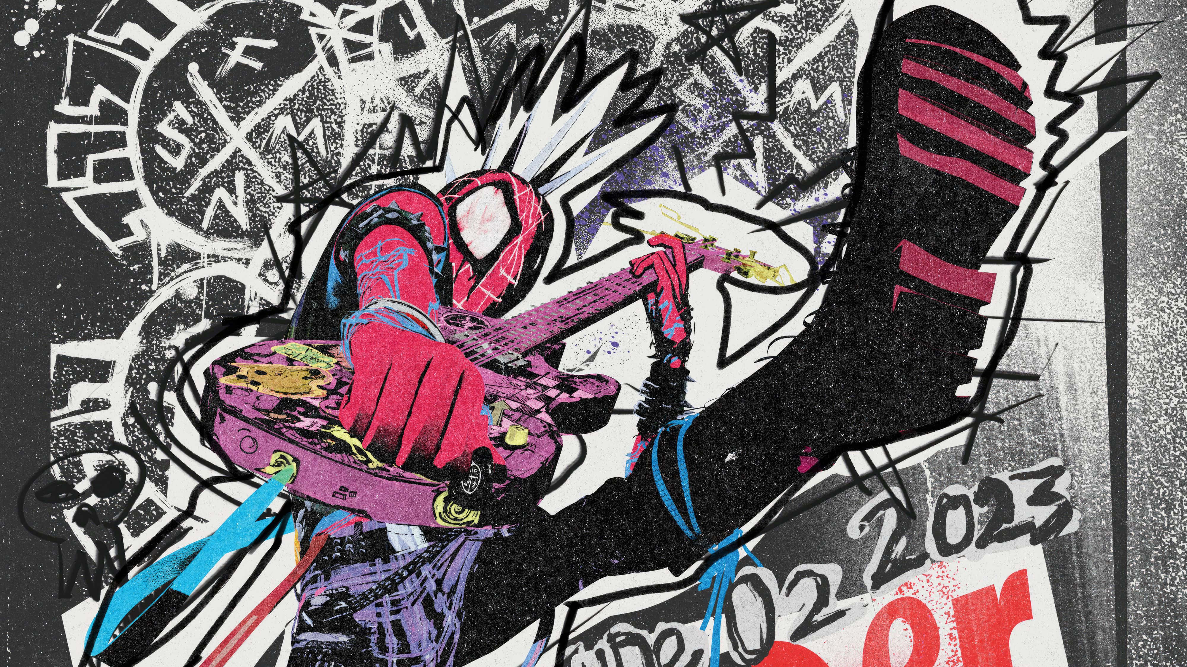 Spider Punk, pink electric guitar, graffiti-style lines, 4K Desktop Wallpaper