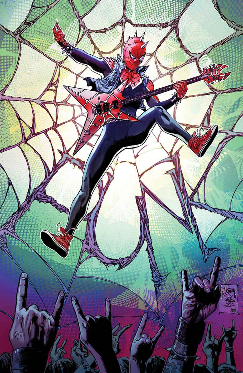 Spider Punk, red and black suit, electric guitar, SD Phone Wallpaper