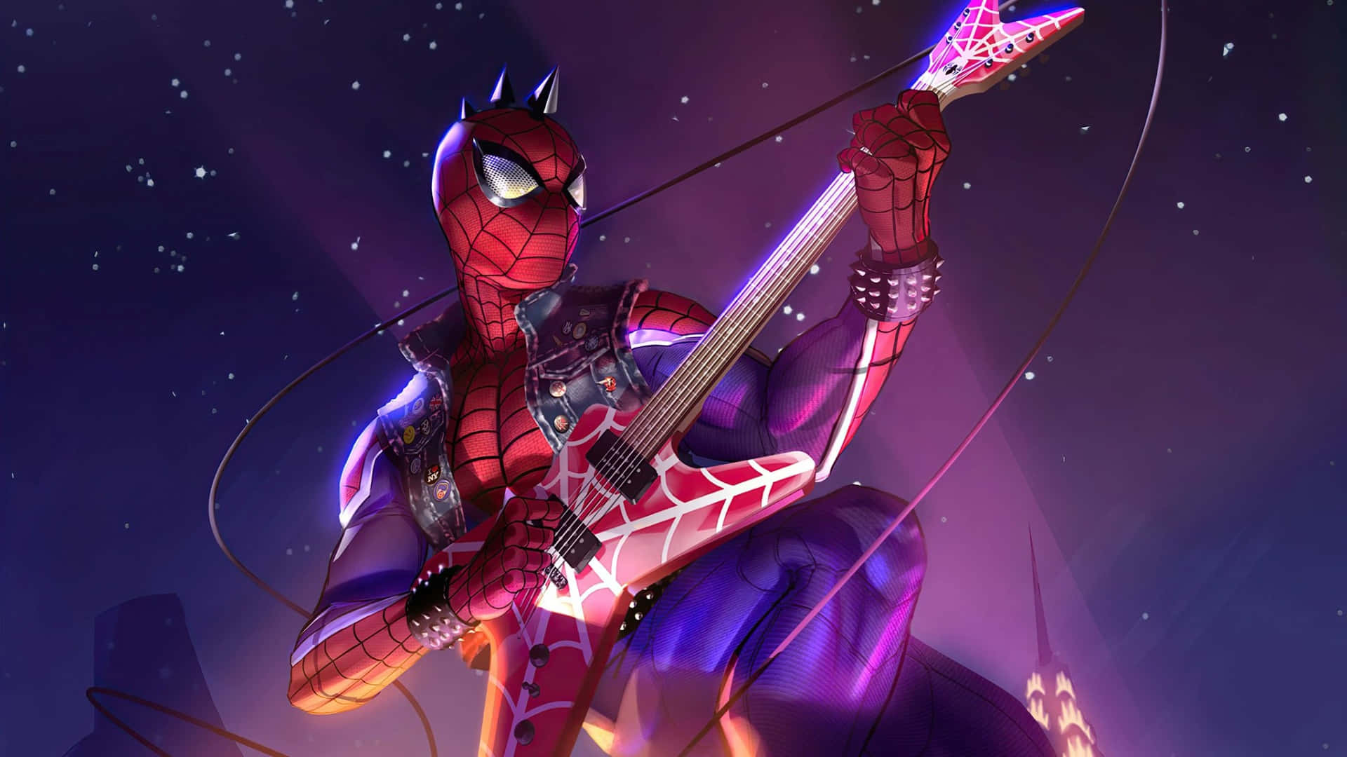 Spider Punk, glowing guitar, starry night sky, Full HD Desktop Wallpaper
