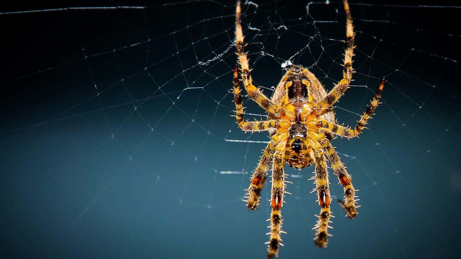 huge yellow spider, intricate web, dark blue gradient background, Full HD Desktop Wallpaper