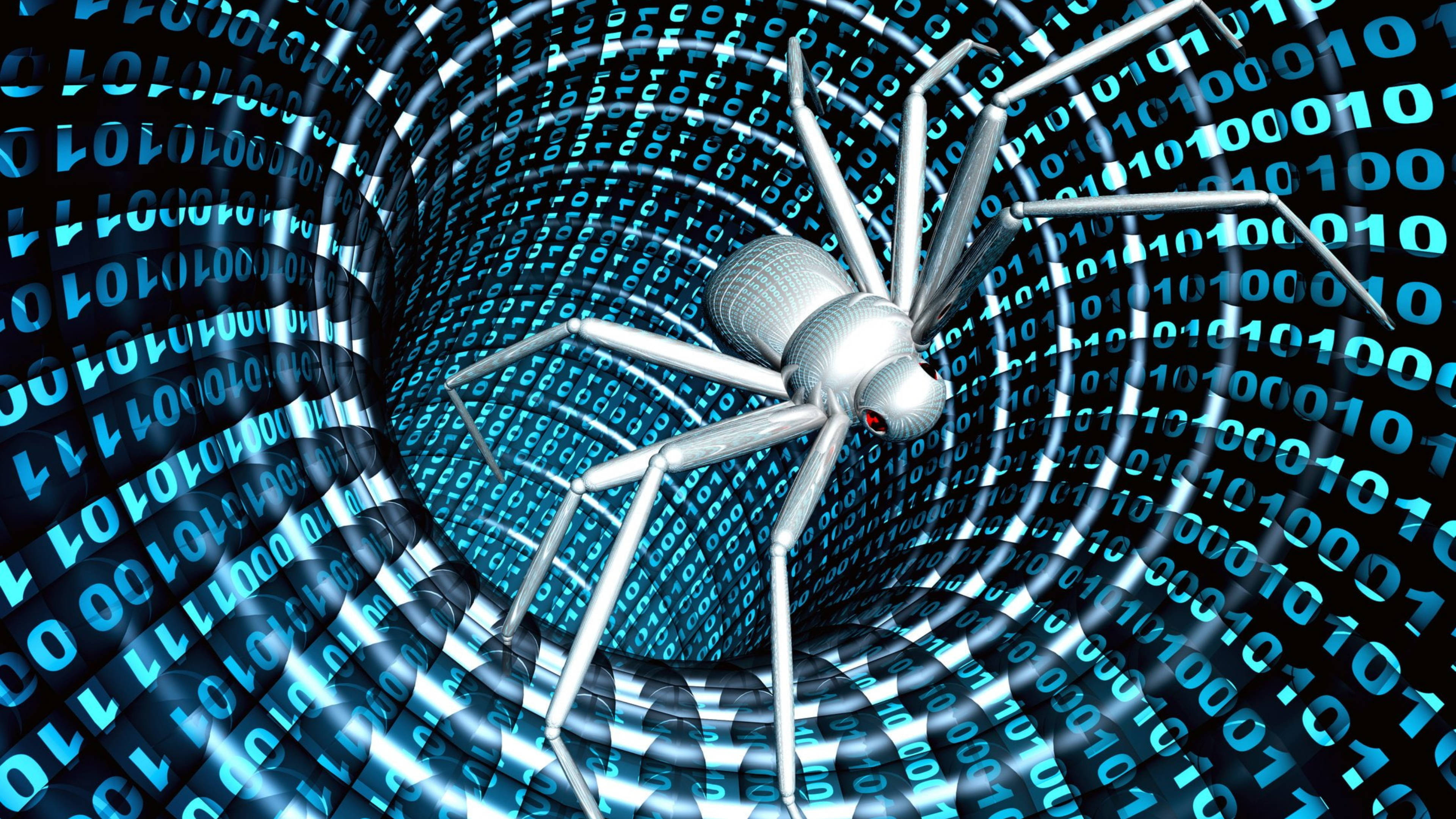 crawling spider hacker logo, metallic spider, red eyes, 4K Desktop Wallpaper