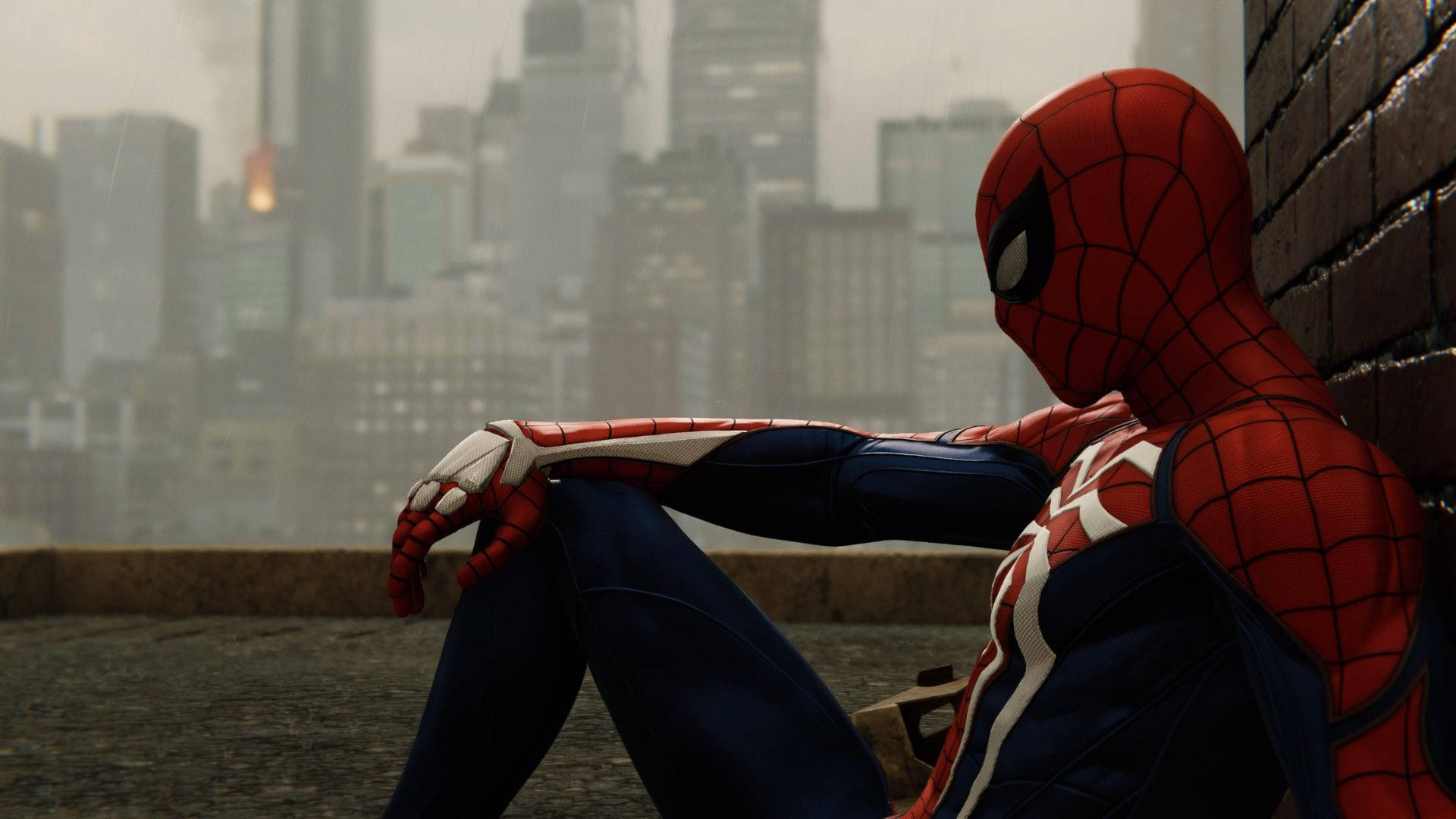 Spiderman, rooftop ledge, rainy city skyline, Full HD Desktop Wallpaper