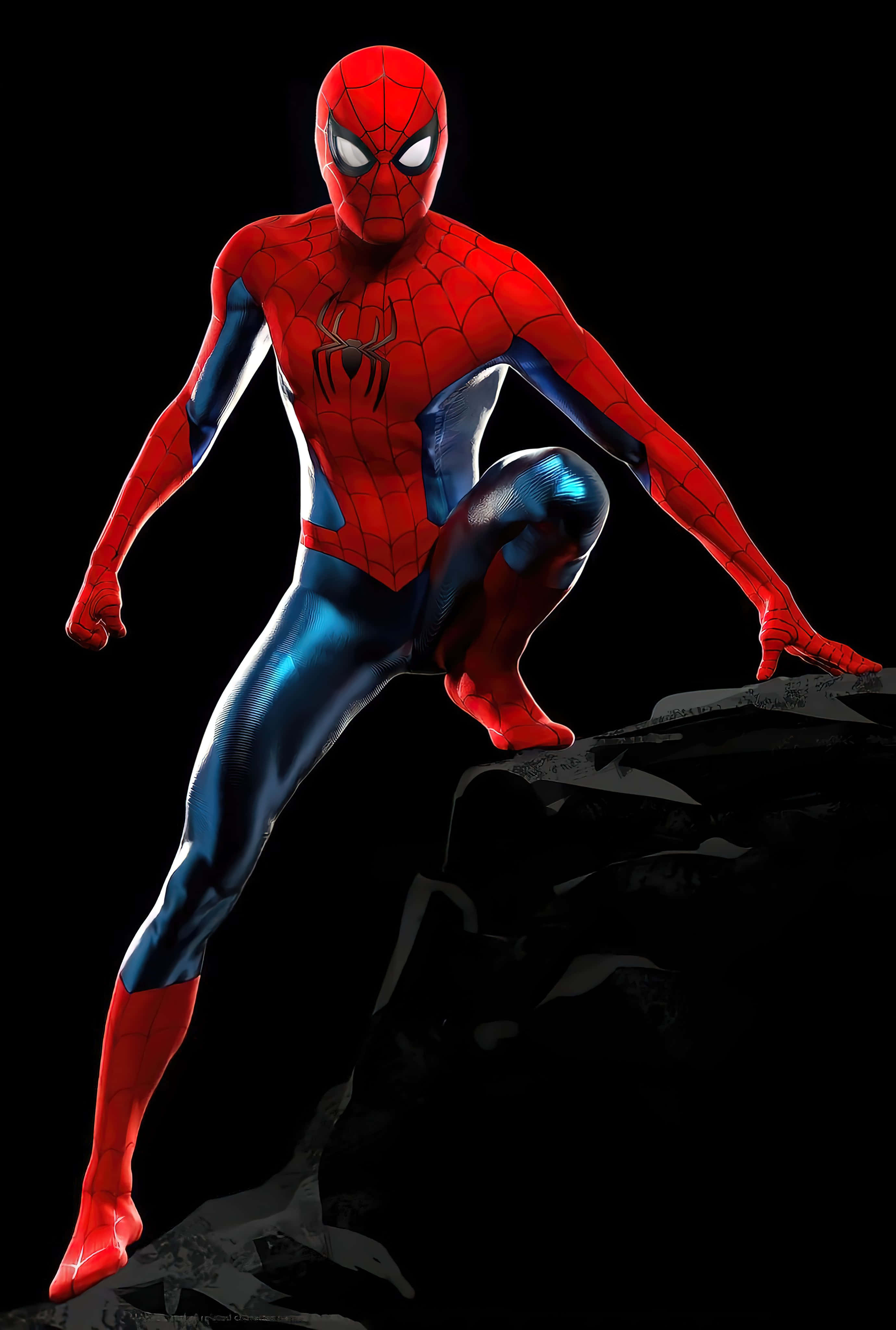 Spiderman, red and blue suit, dark rock, 4K Phone Wallpaper