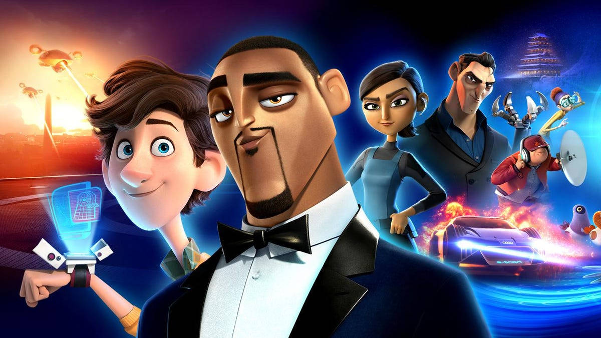 Spies In Disguise, firey sunset, glowing futuristic cityscape, SD Desktop Wallpaper