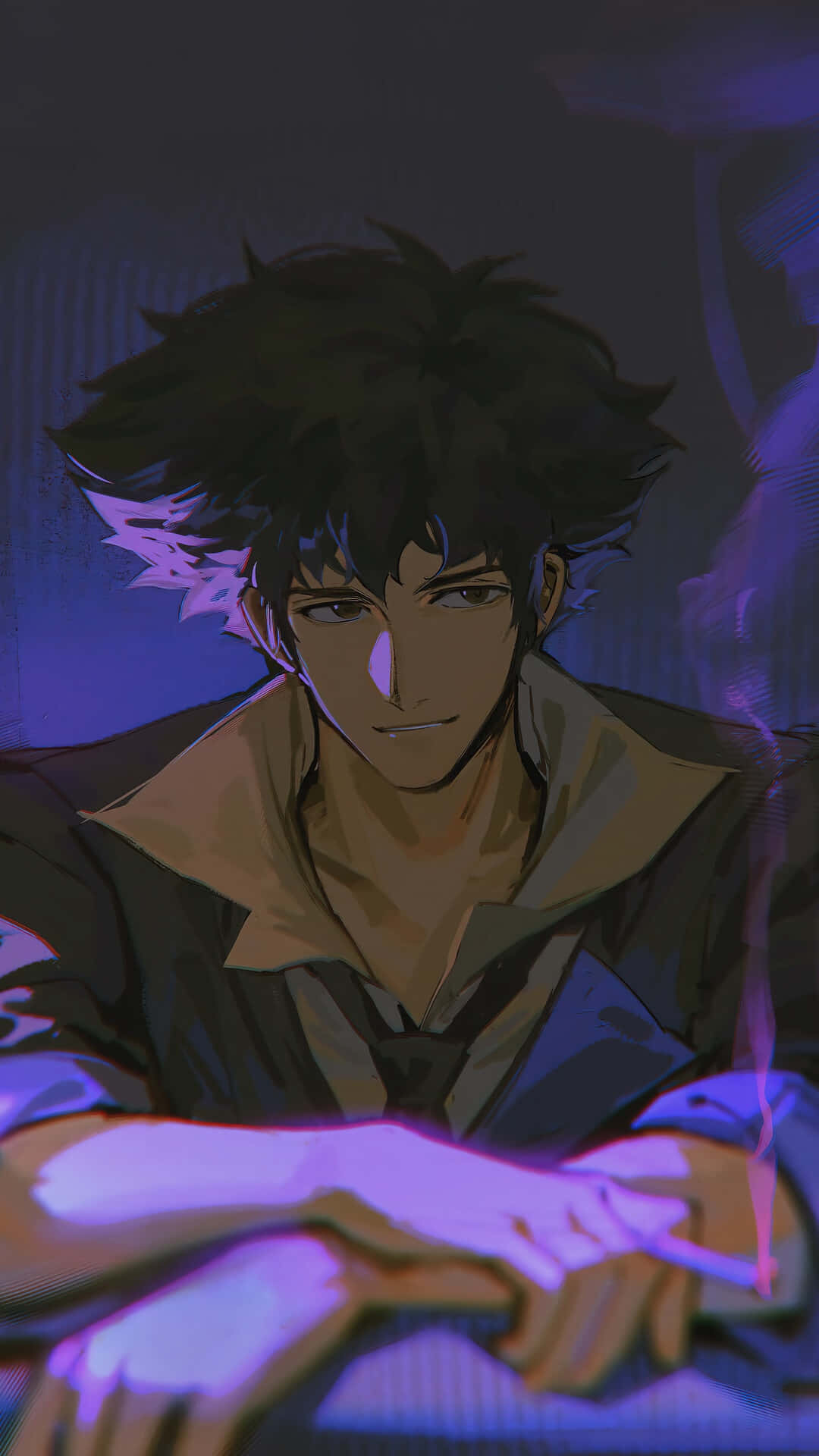 Spike Spiegel, spiky black hair, glowing purple eyes, Full HD Phone Wallpaper