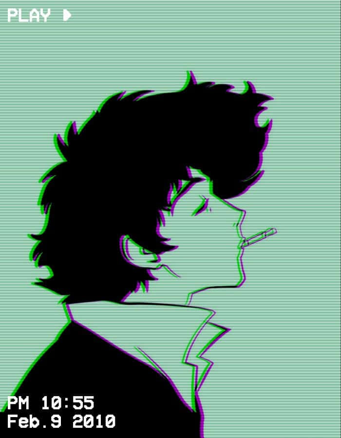 Spike Spiegel, green scanline background, digital glitch effects, SD Phone Wallpaper