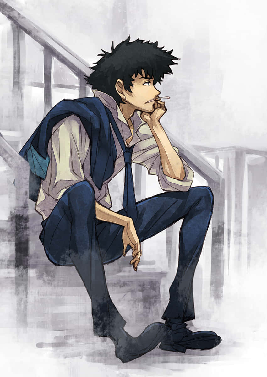 Spike Spiegel, spiky-haired anime boy, stairs, SD Phone Wallpaper