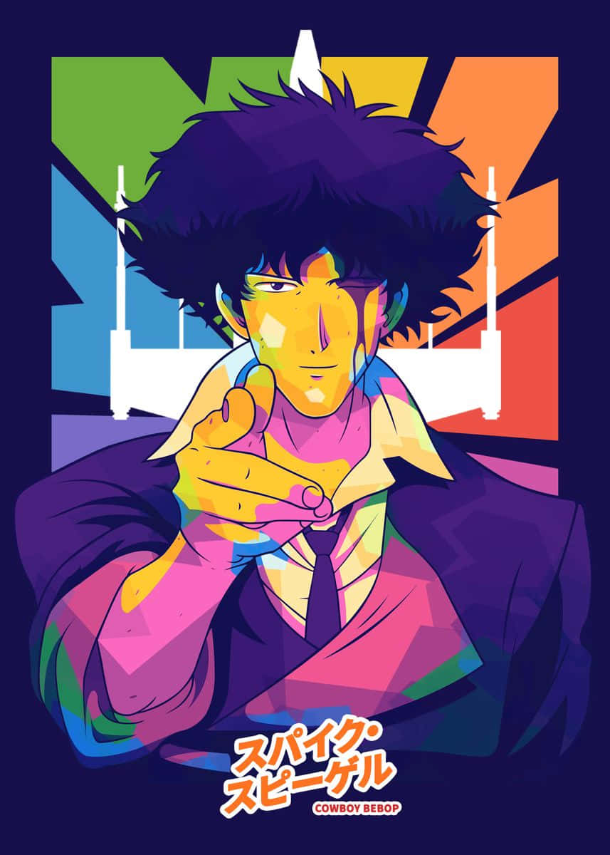Spike Spiegel, spiky purple hair, colorful geometric cityscape, SD Phone Wallpaper