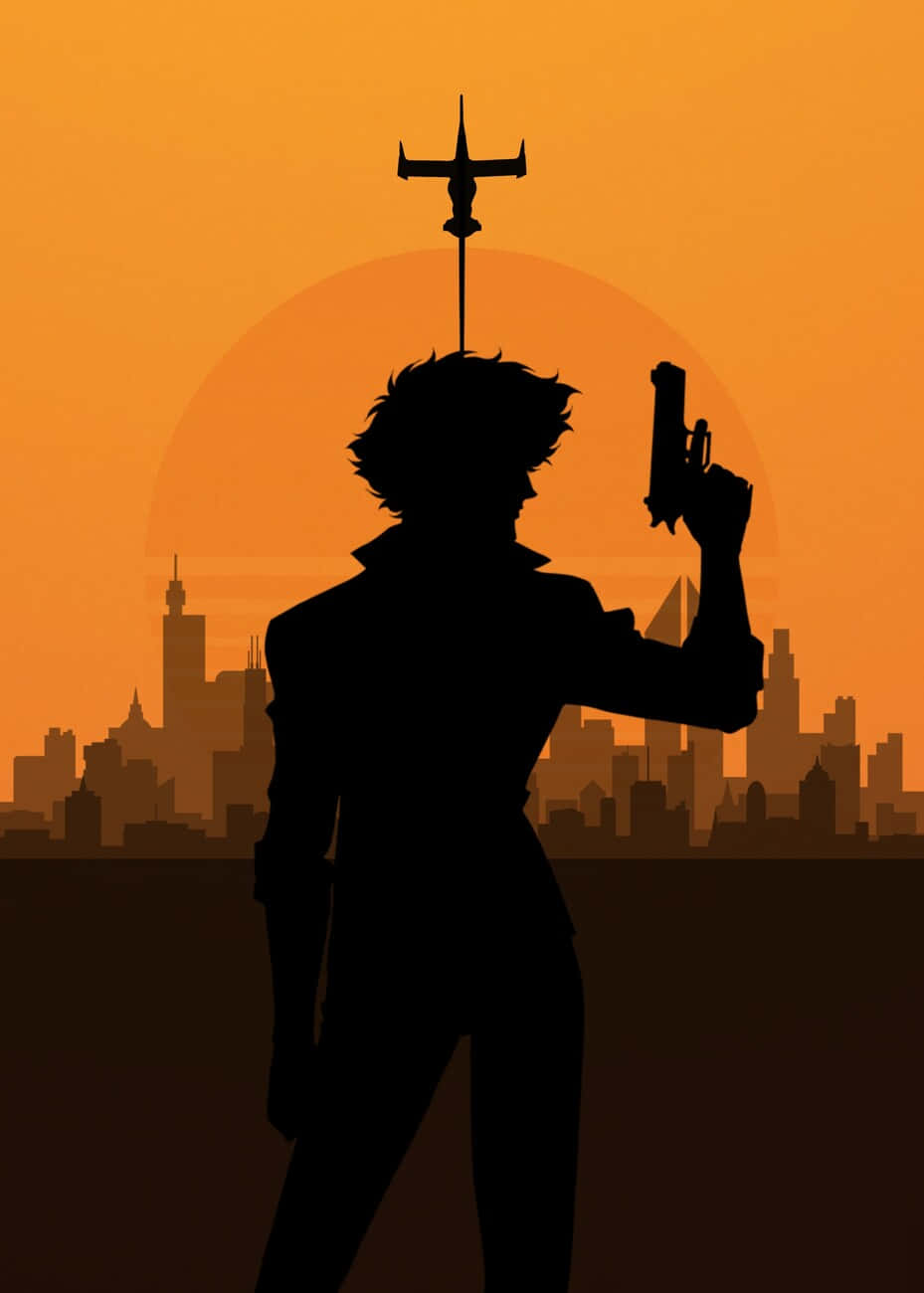 Spike Spiegel, glowing orange sunset, city skyline, HD Phone Wallpaper