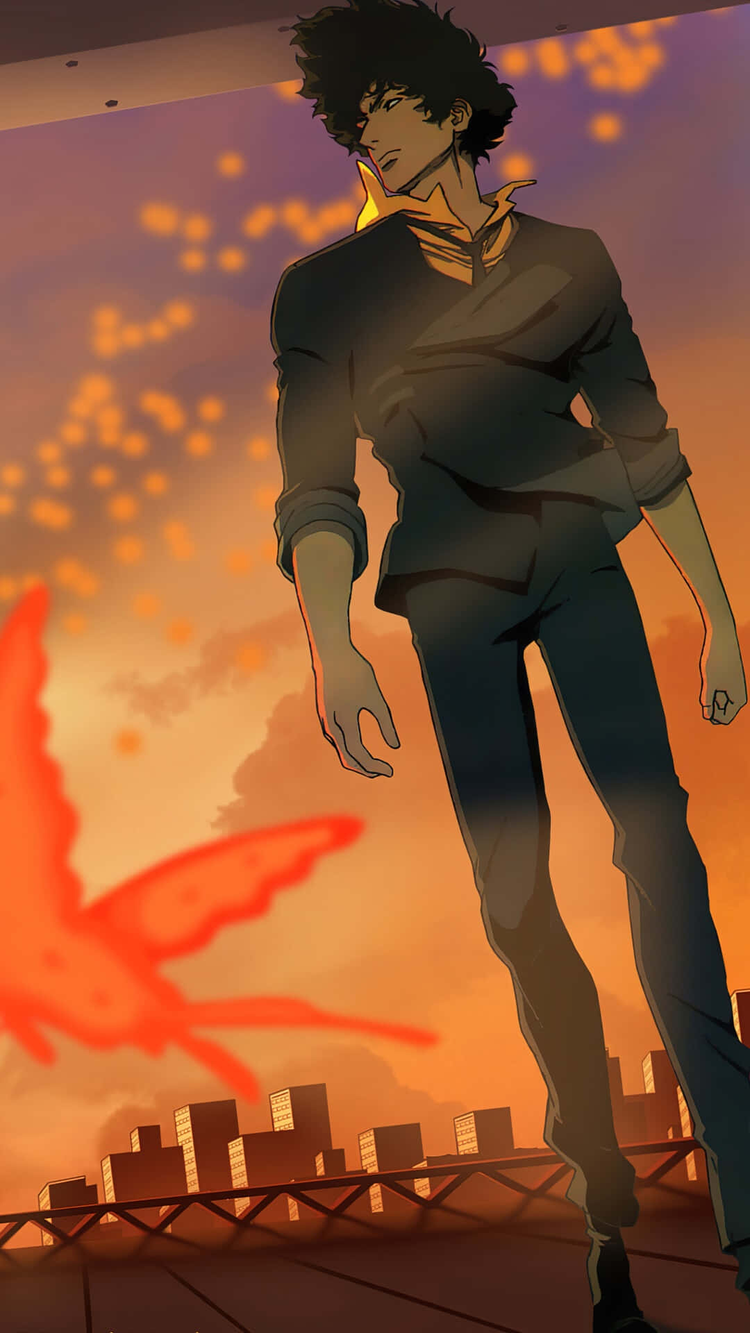 Spike Spiegel, rooftop, fiery orange sunset sky, Full HD Phone Wallpaper
