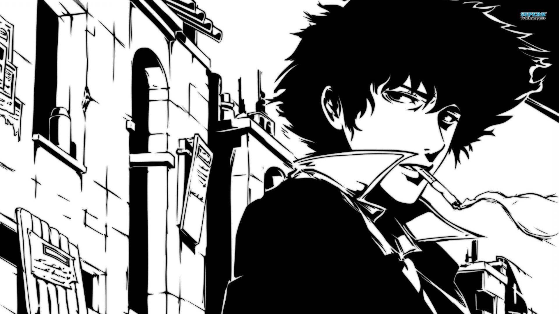 Spike Spiegel, black and white anime, spiky hair, Full HD Desktop Wallpaper