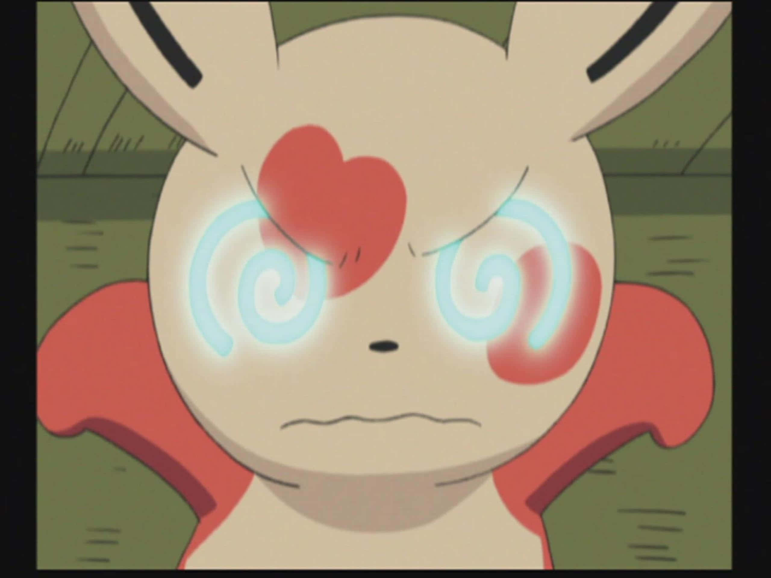 Spinda, glowing blue spiral eyes, red heart on its forehead, 2K Desktop Wallpaper