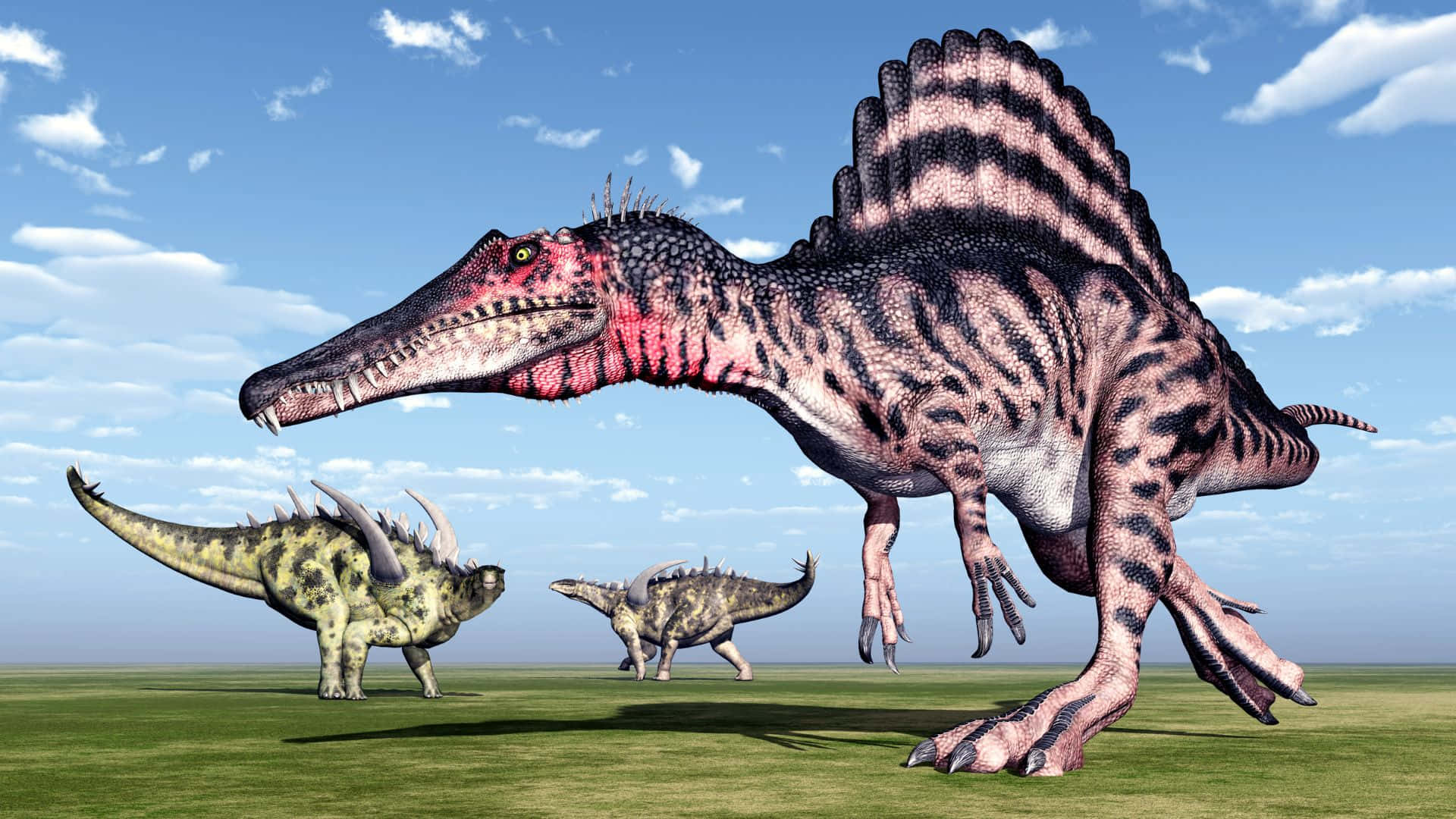 Spinosaurus, striped sail, prehistoric jungle, Full HD Desktop Wallpaper
