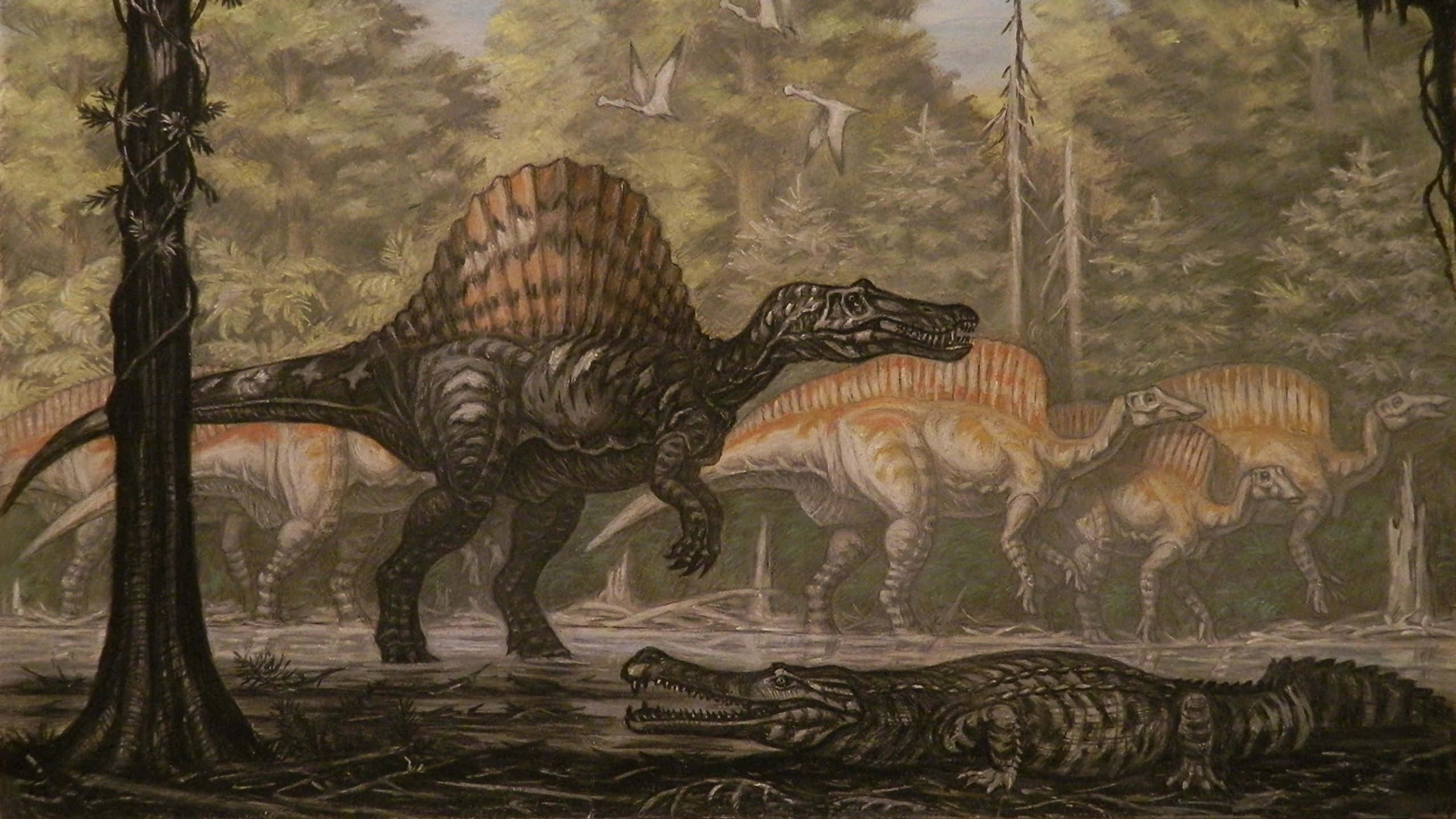 Spinosaurus, herd of spiny-backed dinosaurs, lush prehistoric forest, 2K Desktop Wallpaper