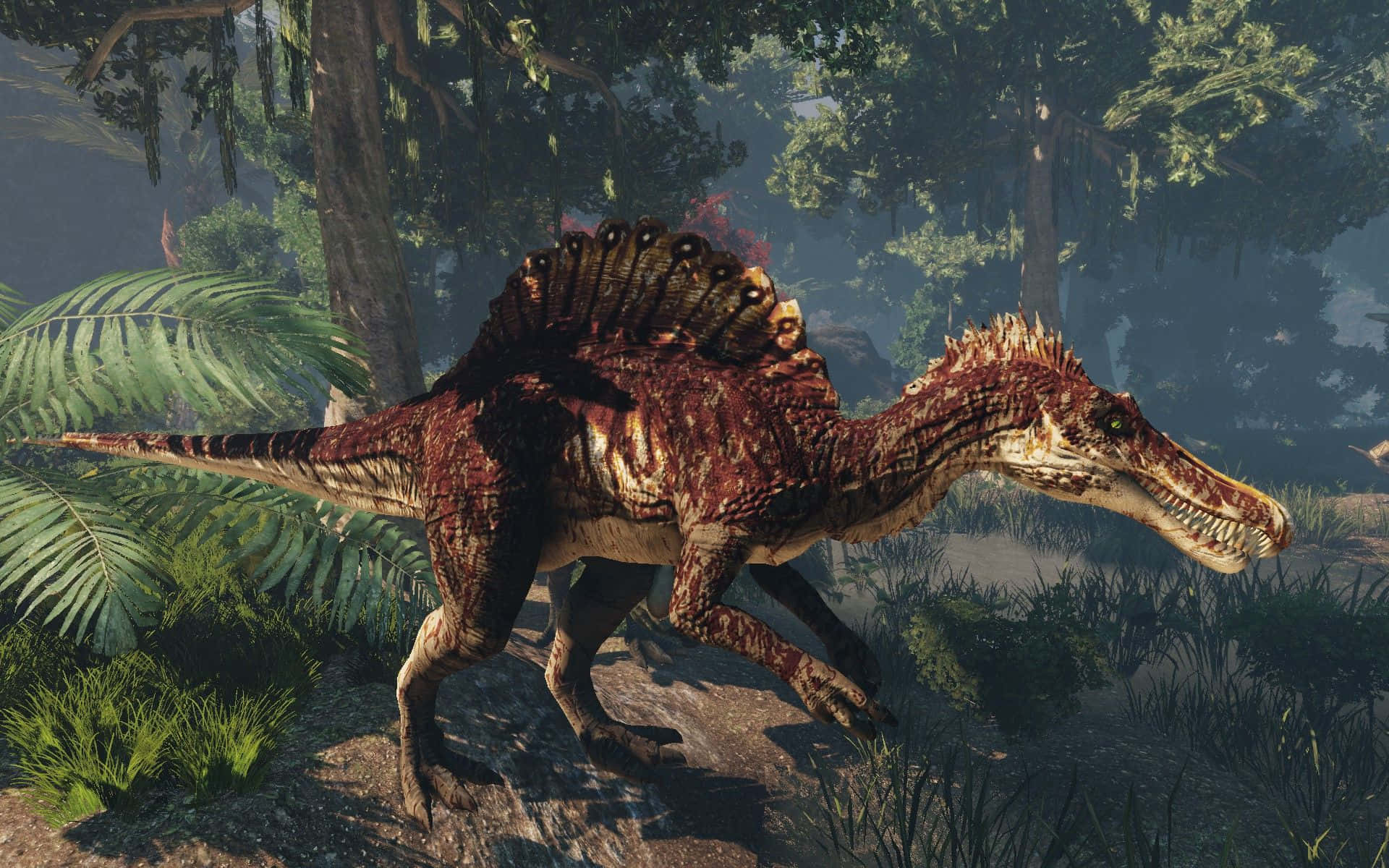 Spinosaurus, misty prehistoric jungle, ferns, Full HD Desktop Wallpaper