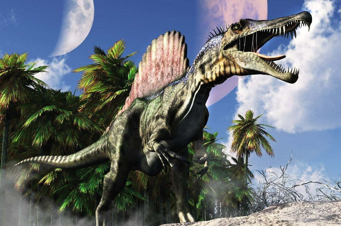Spinosaurus, palm trees, blue sky, SD Desktop Wallpaper