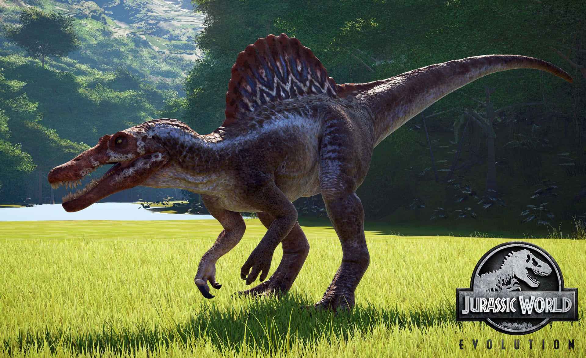Spinosaurus, red sail, vibrant green grass, Full HD Desktop Wallpaper