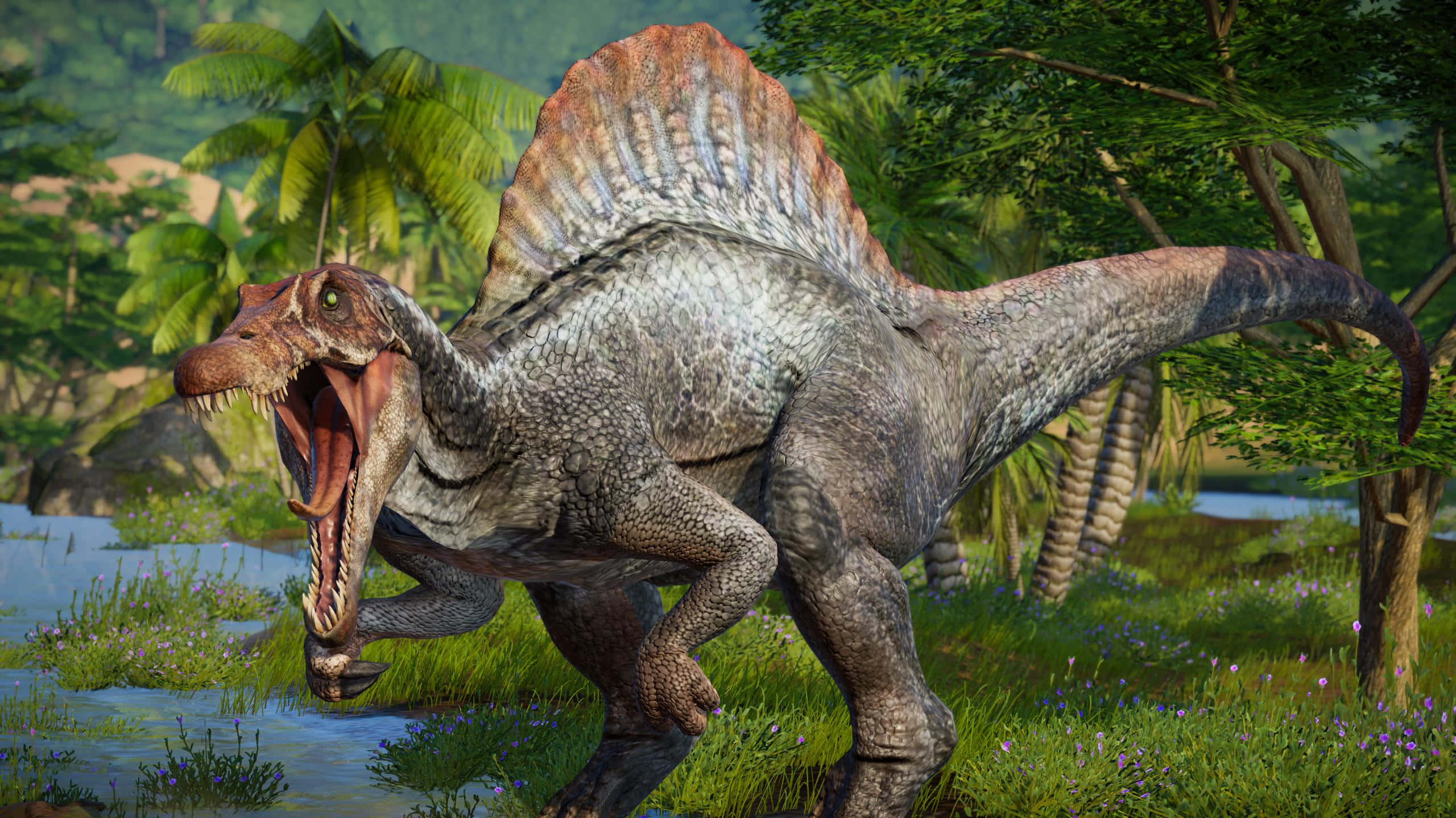 Spinosaurus, spiky-backed dinosaur, lush green jungle, 2K Desktop Wallpaper