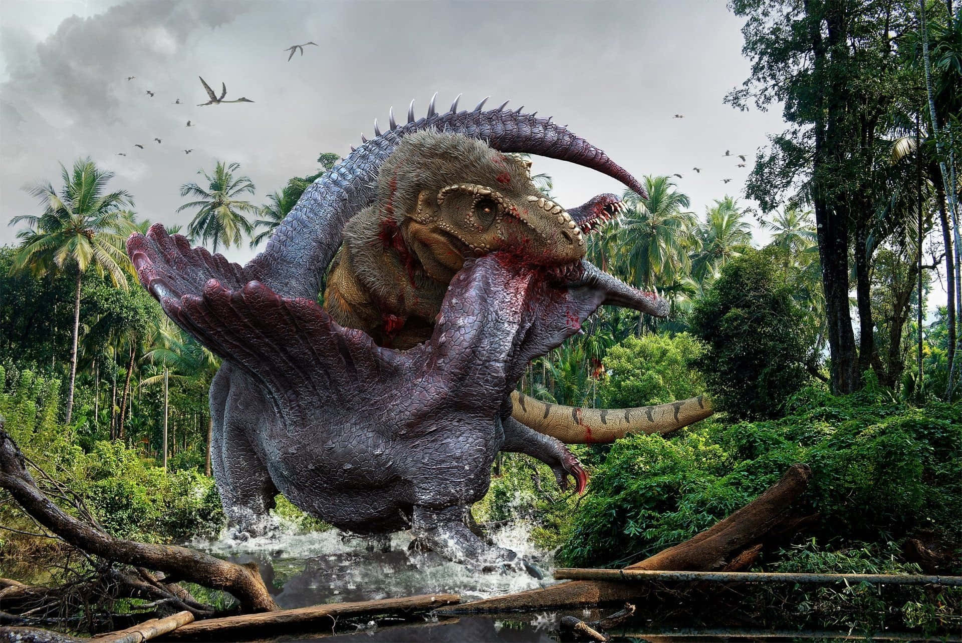 Spinosaurus, jungle, flying reptile, Full HD Desktop Wallpaper