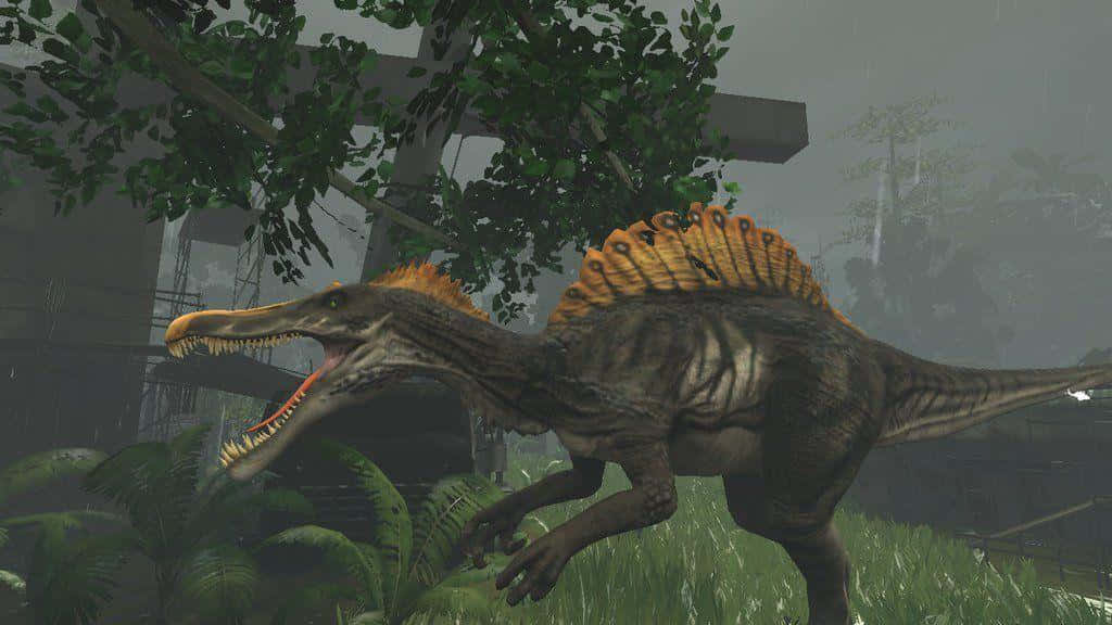 Spinosaurus, orange sail, misty jungle, SD Desktop Wallpaper