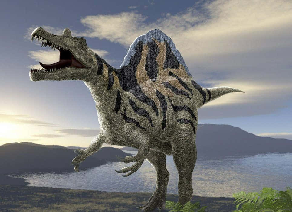 Spinosaurus, striped back, lake, SD Desktop Wallpaper