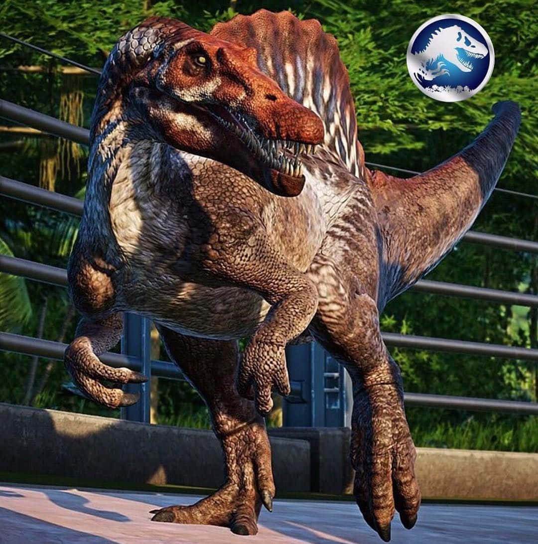 Spinosaurus, concrete platform, metal railings, SD Phone Wallpaper