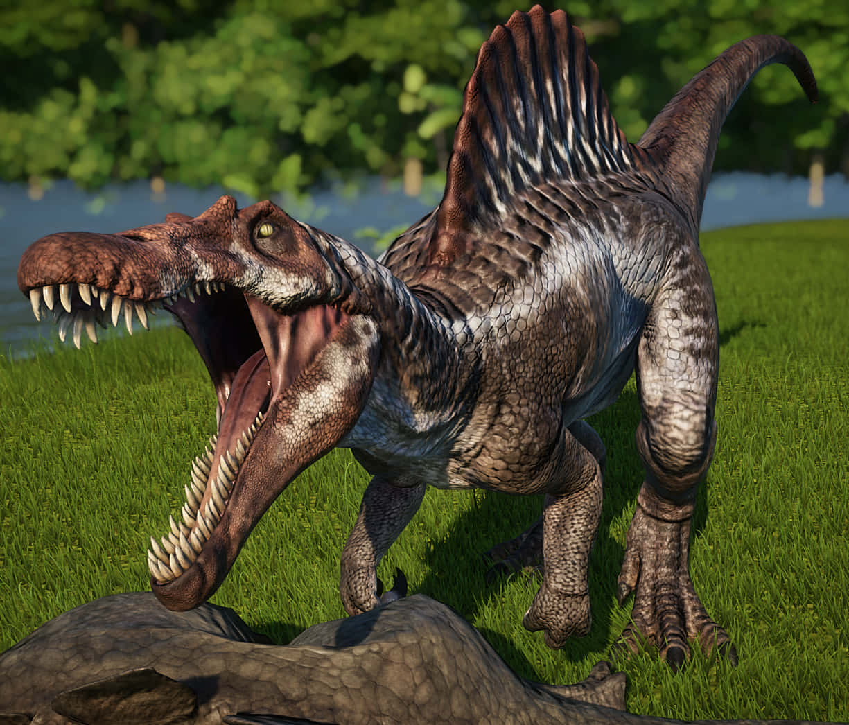 spinosaurus, lush green forest, near water, SD Desktop Wallpaper